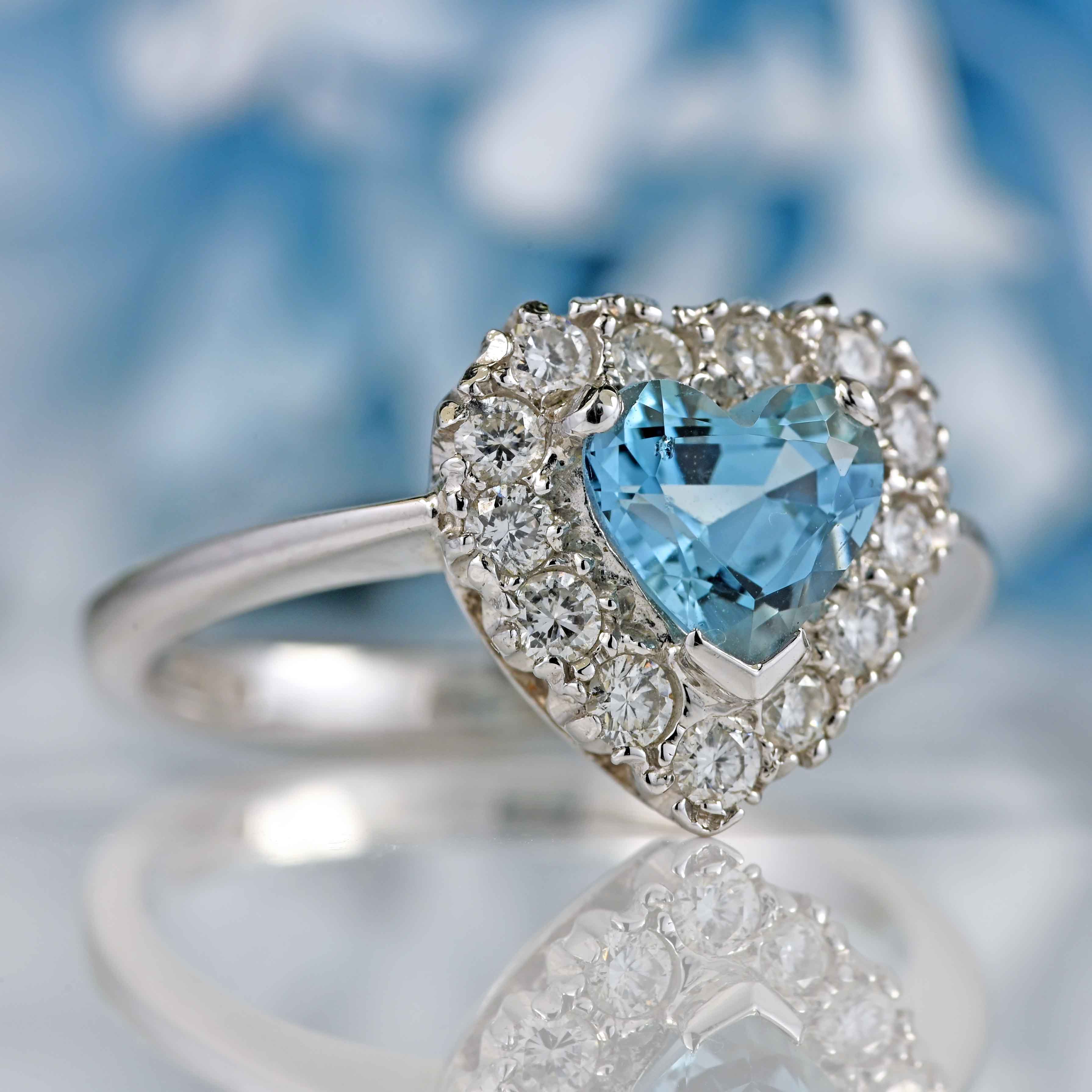 Ellibelle Jewellery Aquamarine & Diamond 18ct White Gold Heart-Shaped Cluster Ring