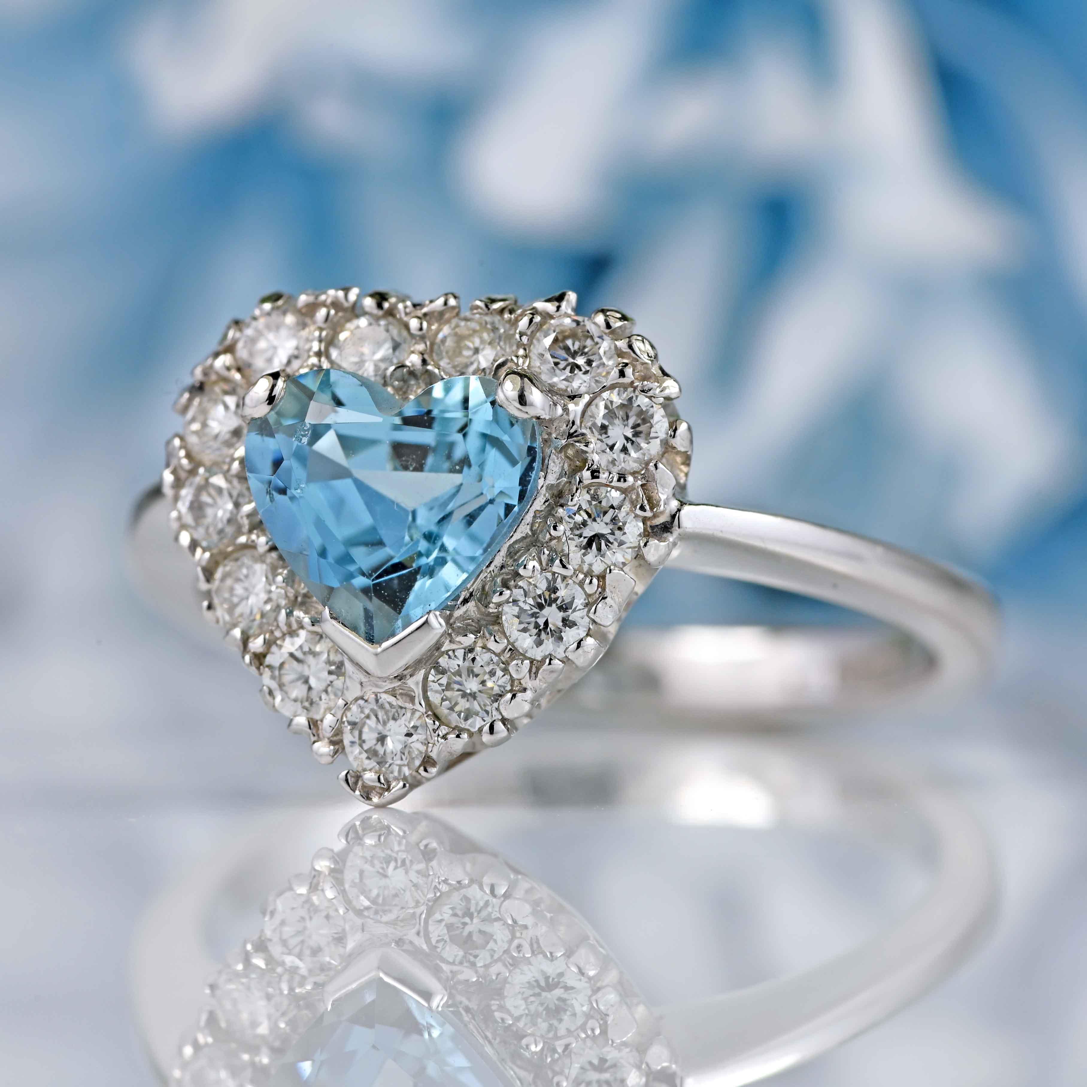 Ellibelle Jewellery Aquamarine & Diamond 18ct White Gold Heart-Shaped Cluster Ring