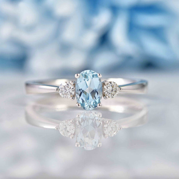 Ellibelle Jewellery Aquamarine & Diamond 18ct White Gold Oval Three-Stone Engagement Ring (0.42ct)