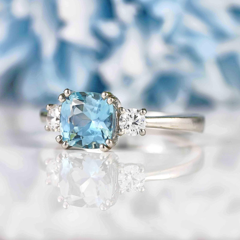 Aquamarine Diamond Platinum Three-Stone Engagement Ring