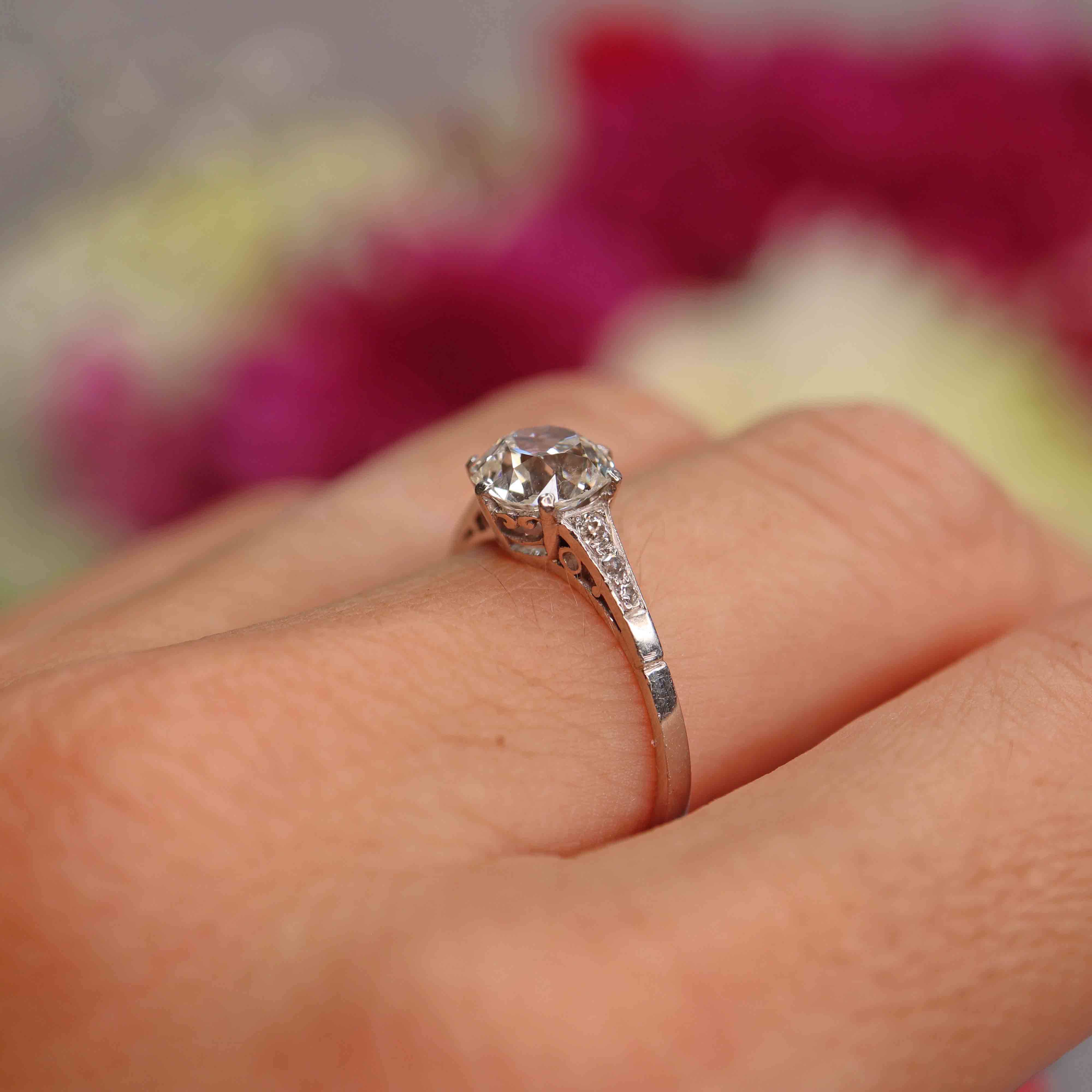 Ellibelle Jewellery Art Deco 1.30 Carat Old European Cut Diamond Platinum Engagement Ring