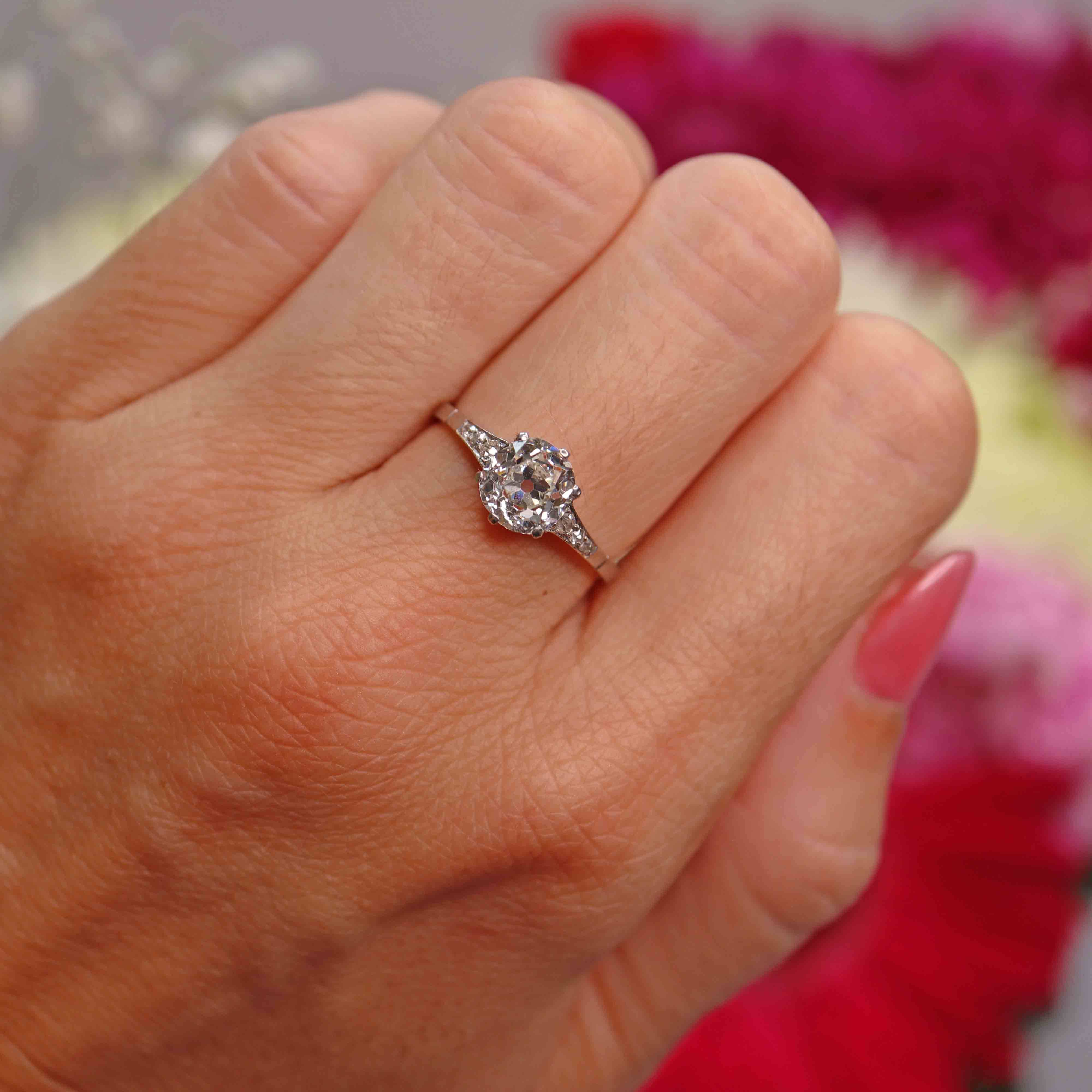 Ellibelle Jewellery Art Deco 1.30 Carat Old European Cut Diamond Platinum Engagement Ring