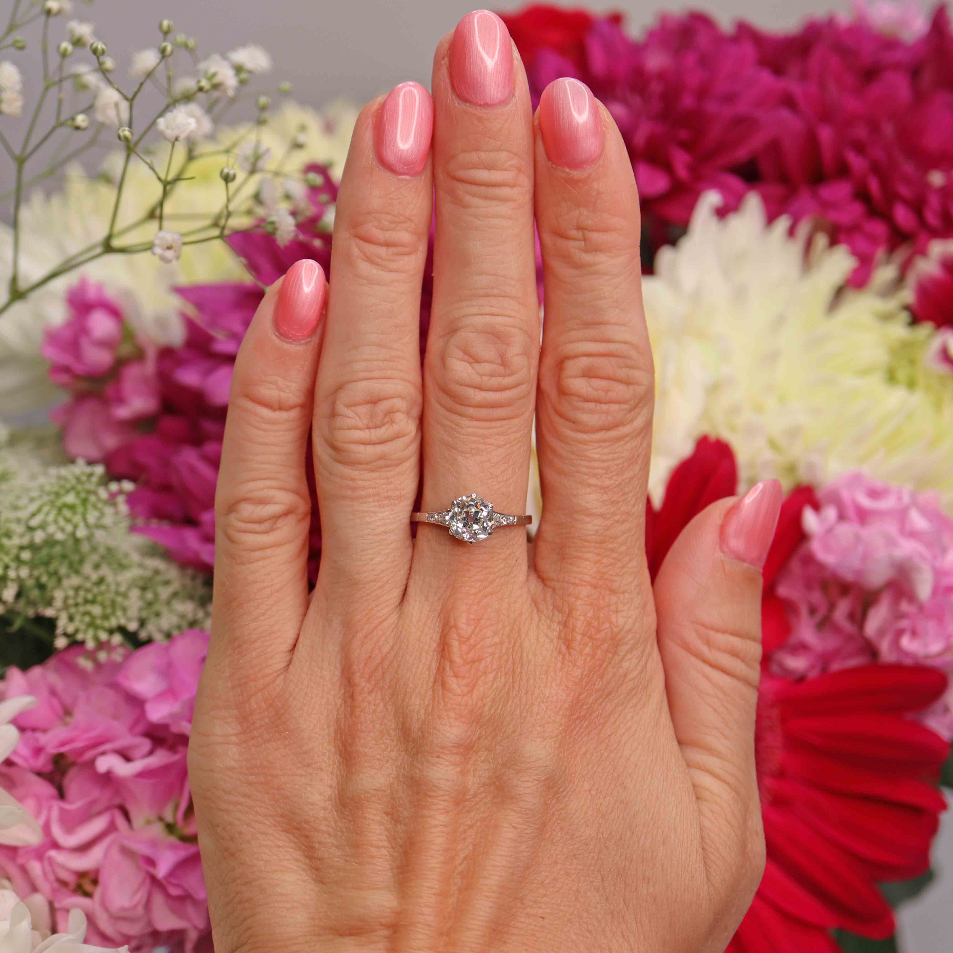 Ellibelle Jewellery Art Deco 1.30 Carat Old European Cut Diamond Platinum Engagement Ring