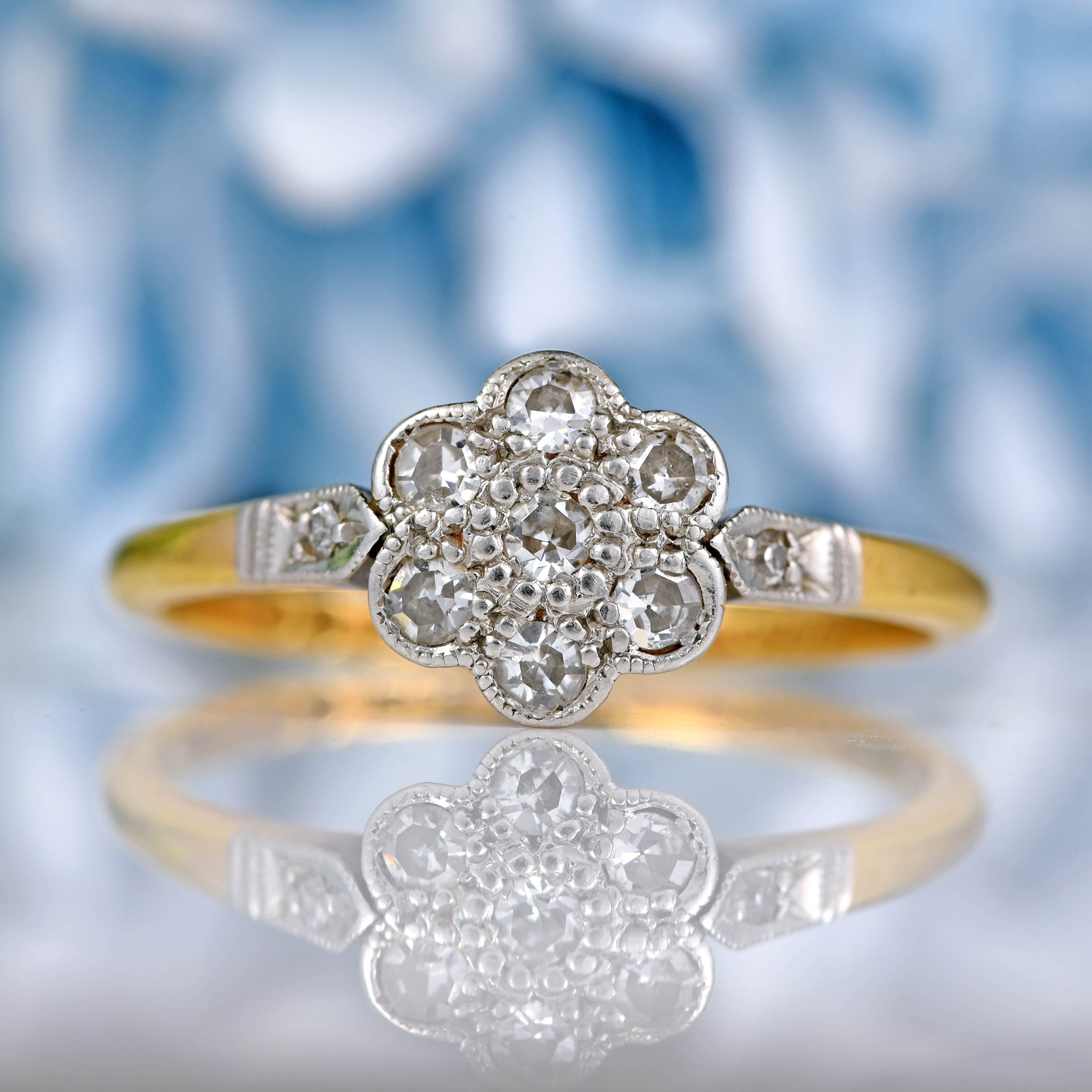 Ellibelle Jewellery Art Deco 18ct Gold Platinum Diamond Daisy Ring