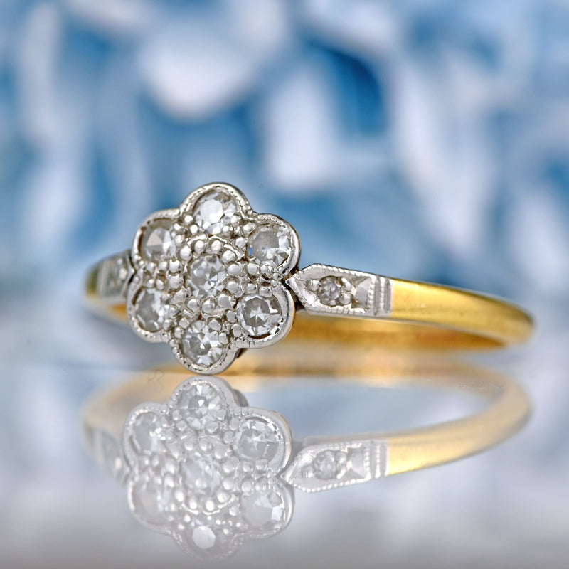 Ellibelle Jewellery Art Deco 18ct Gold Platinum Diamond Daisy Ring