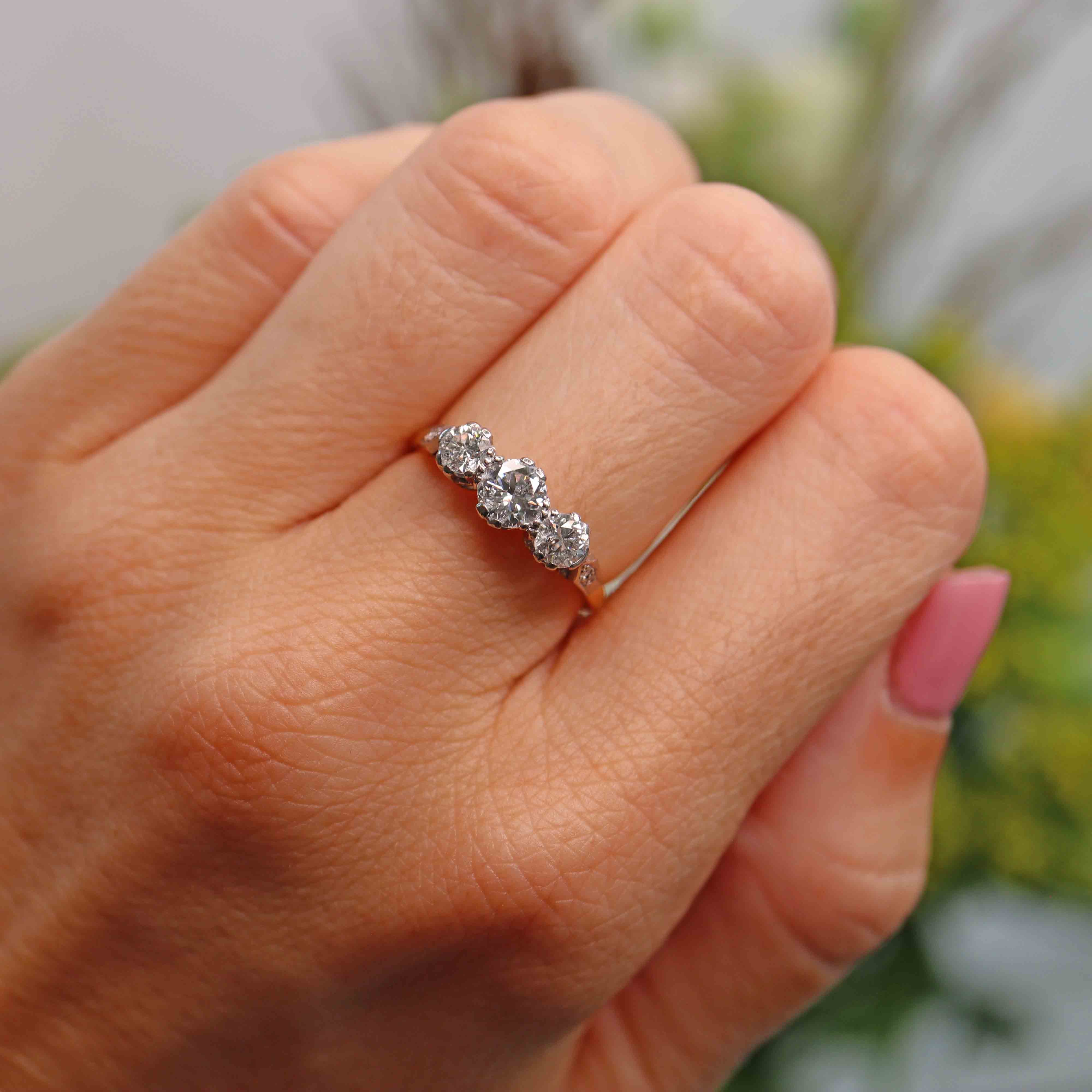 Ellibelle Jewellery Art Deco 18ct Gold & Platinum Diamond Three-Stone Ring