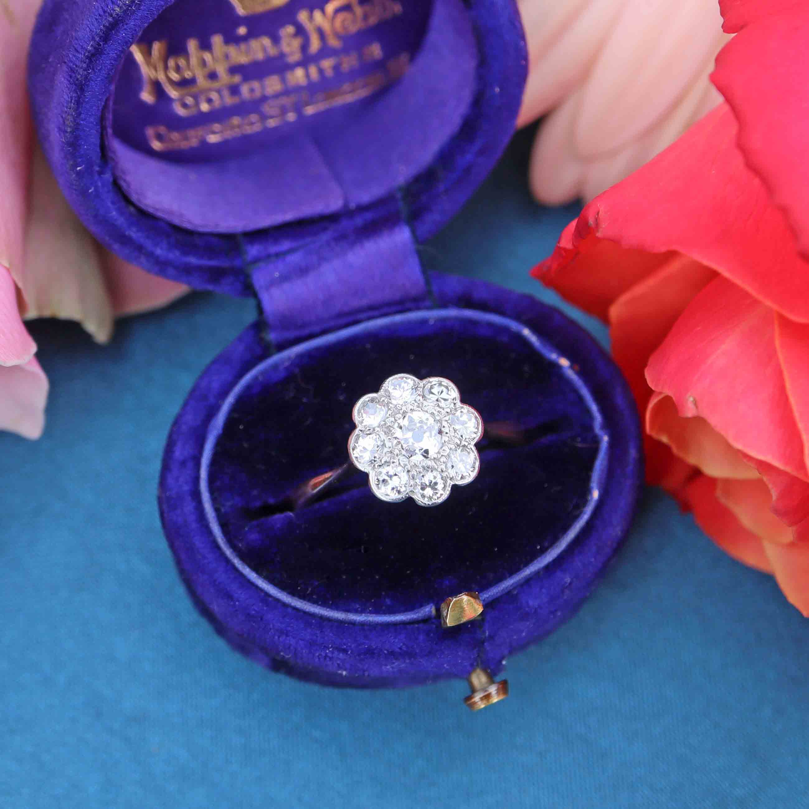 Ellibelle Jewellery Art Deco 18ct Gold & Platinum Nine-Stone Diamond Daisy Cluster Ring (0.55cts)