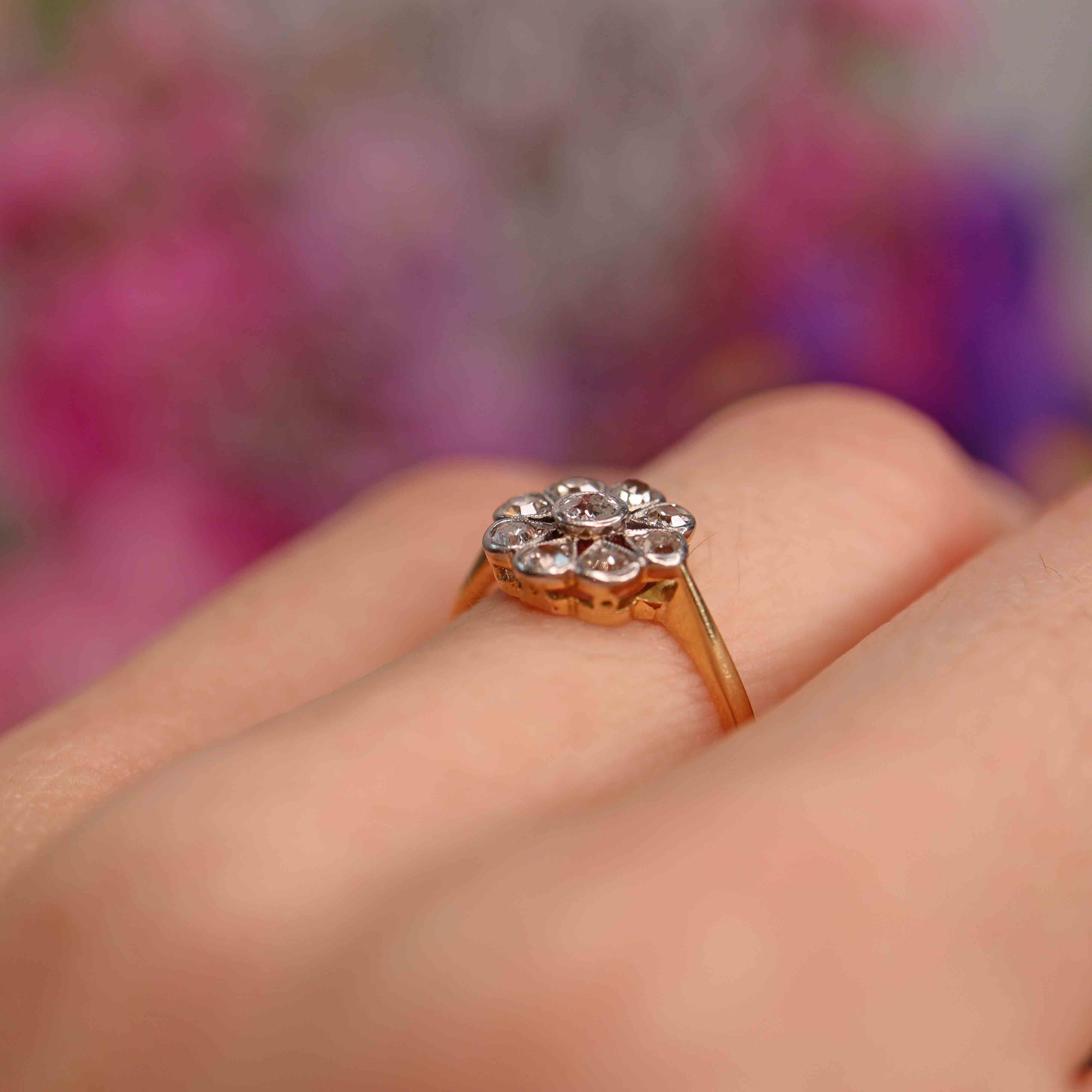 Ellibelle Jewellery Art Deco 18ct Gold & Platinum Old-Cut Diamond Daisy Cluster Ring