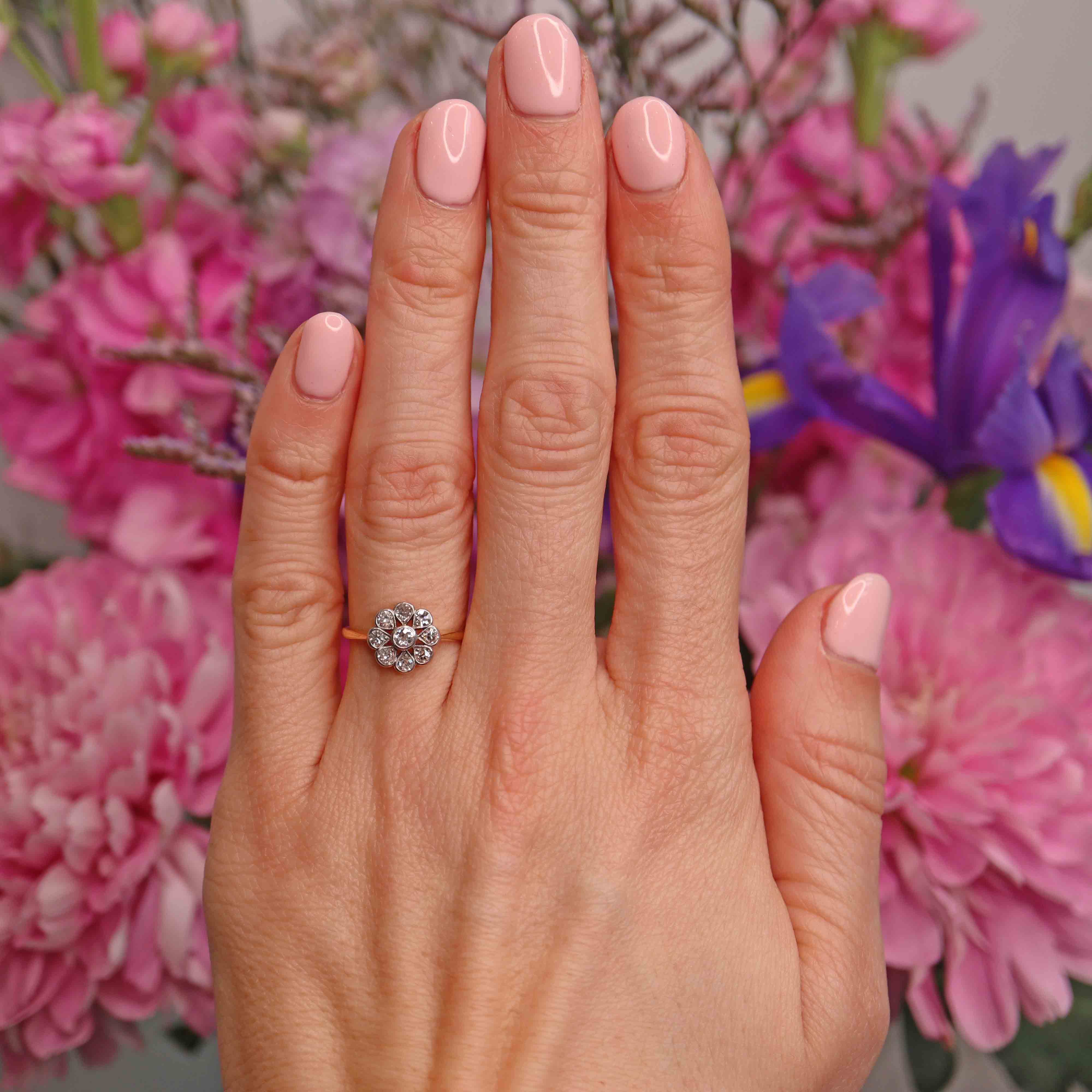 Ellibelle Jewellery Art Deco 18ct Gold & Platinum Old-Cut Diamond Daisy Cluster Ring