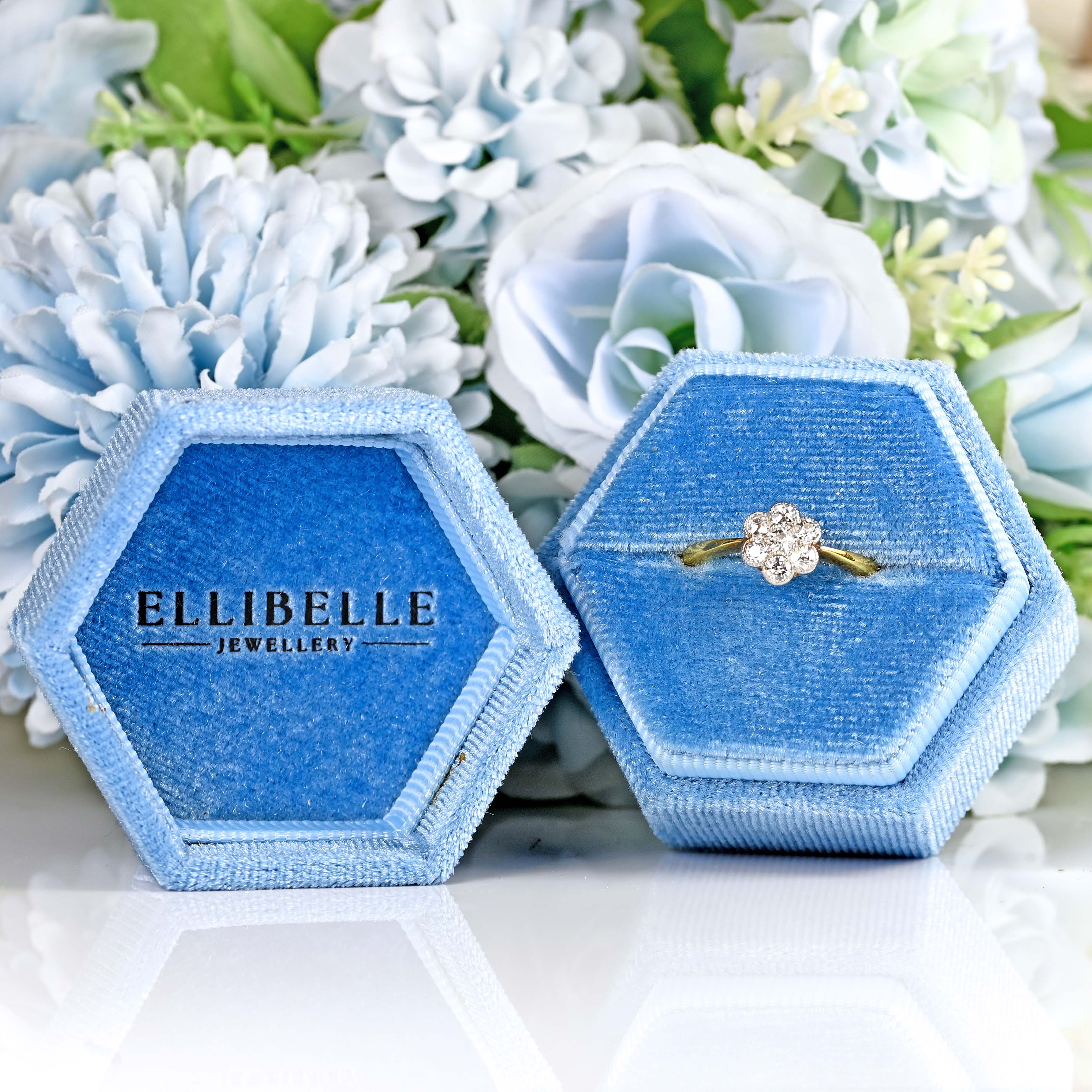 Ellibelle Jewellery Art Deco 18ct Gold & Platinum Seven-Stone Diamond Daisy Cluster Ring