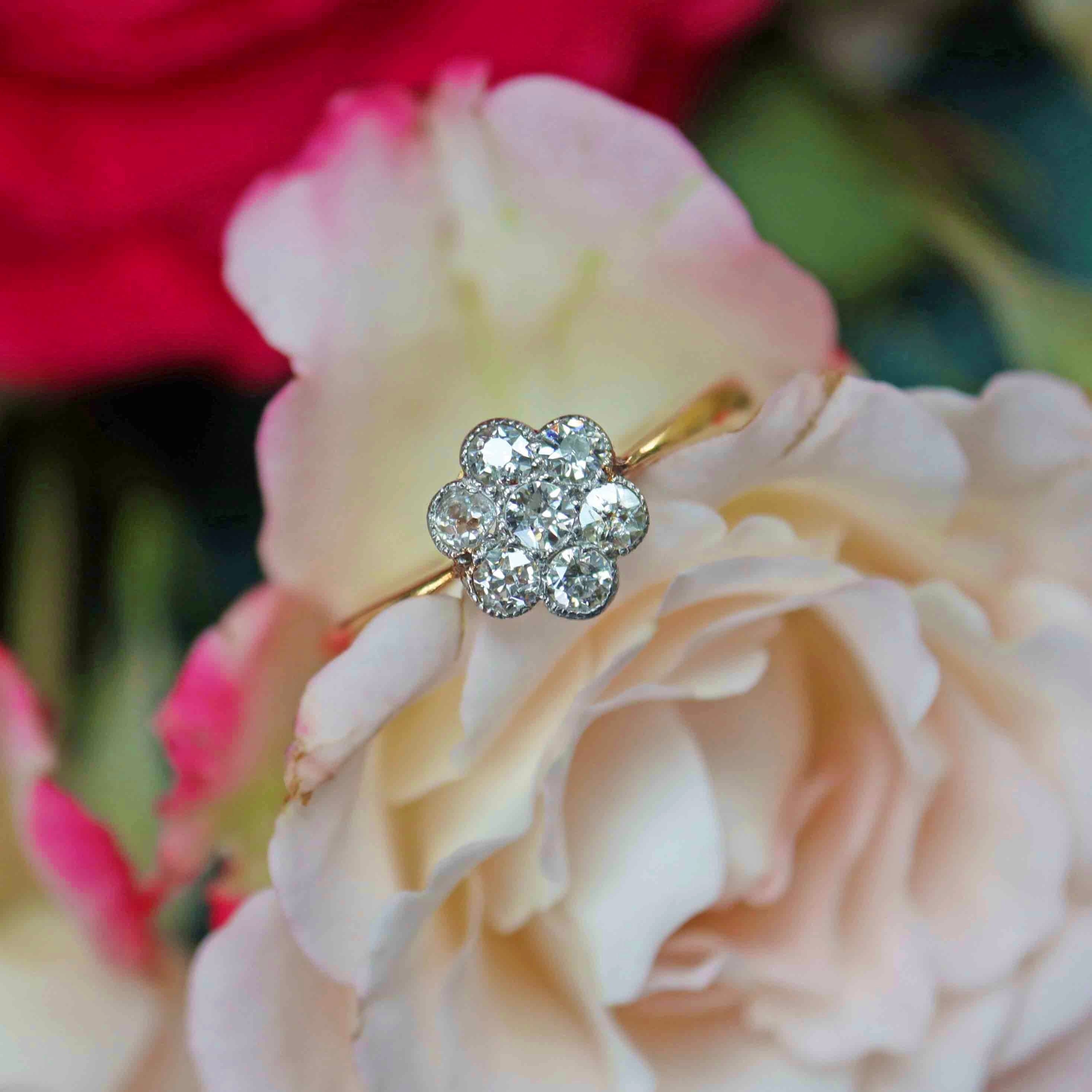 Ellibelle Jewellery Art Deco 18ct Gold & Platinum Seven-Stone Diamond Daisy Cluster Ring