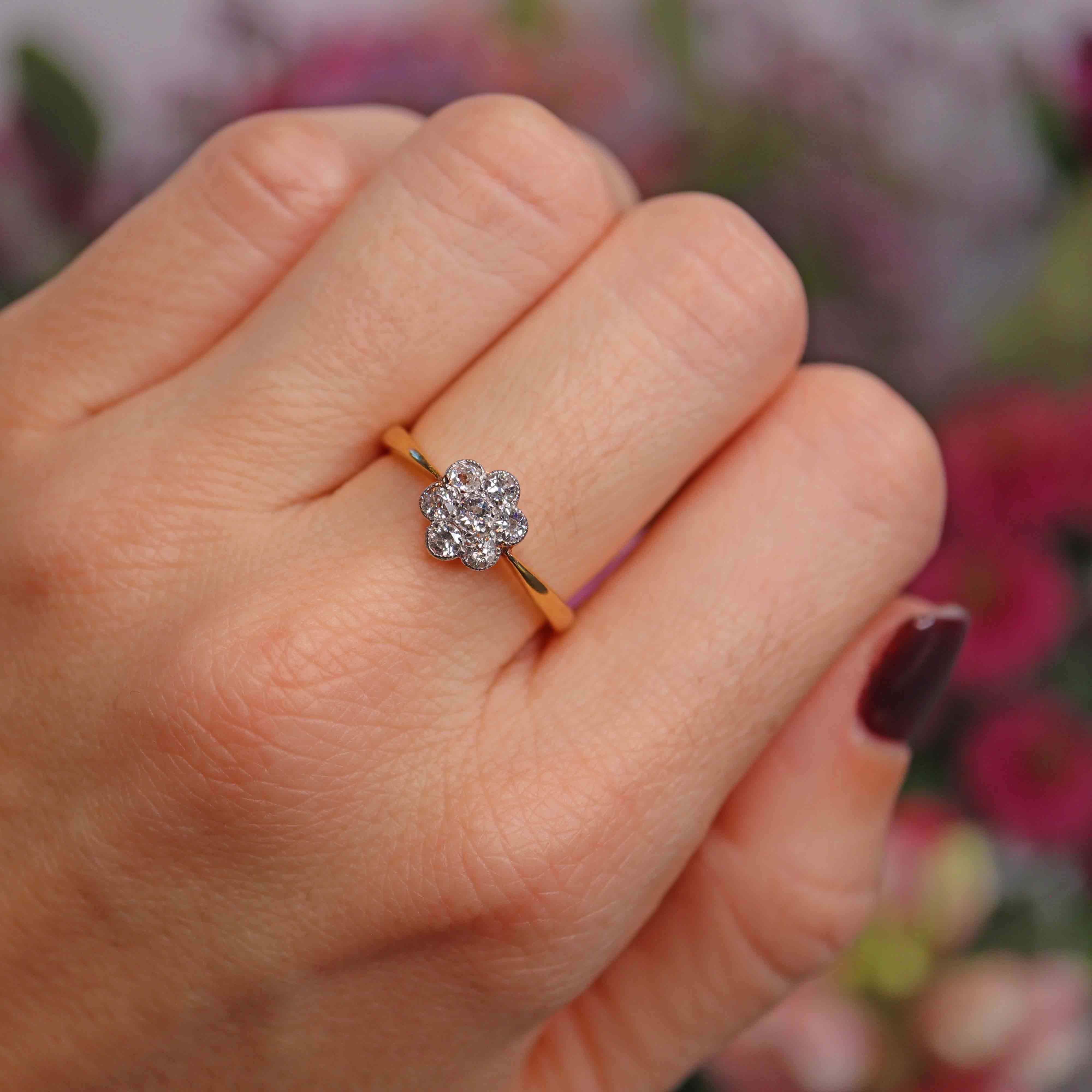 Ellibelle Jewellery Art Deco 18ct Gold & Platinum Seven-Stone Diamond Daisy Cluster Ring