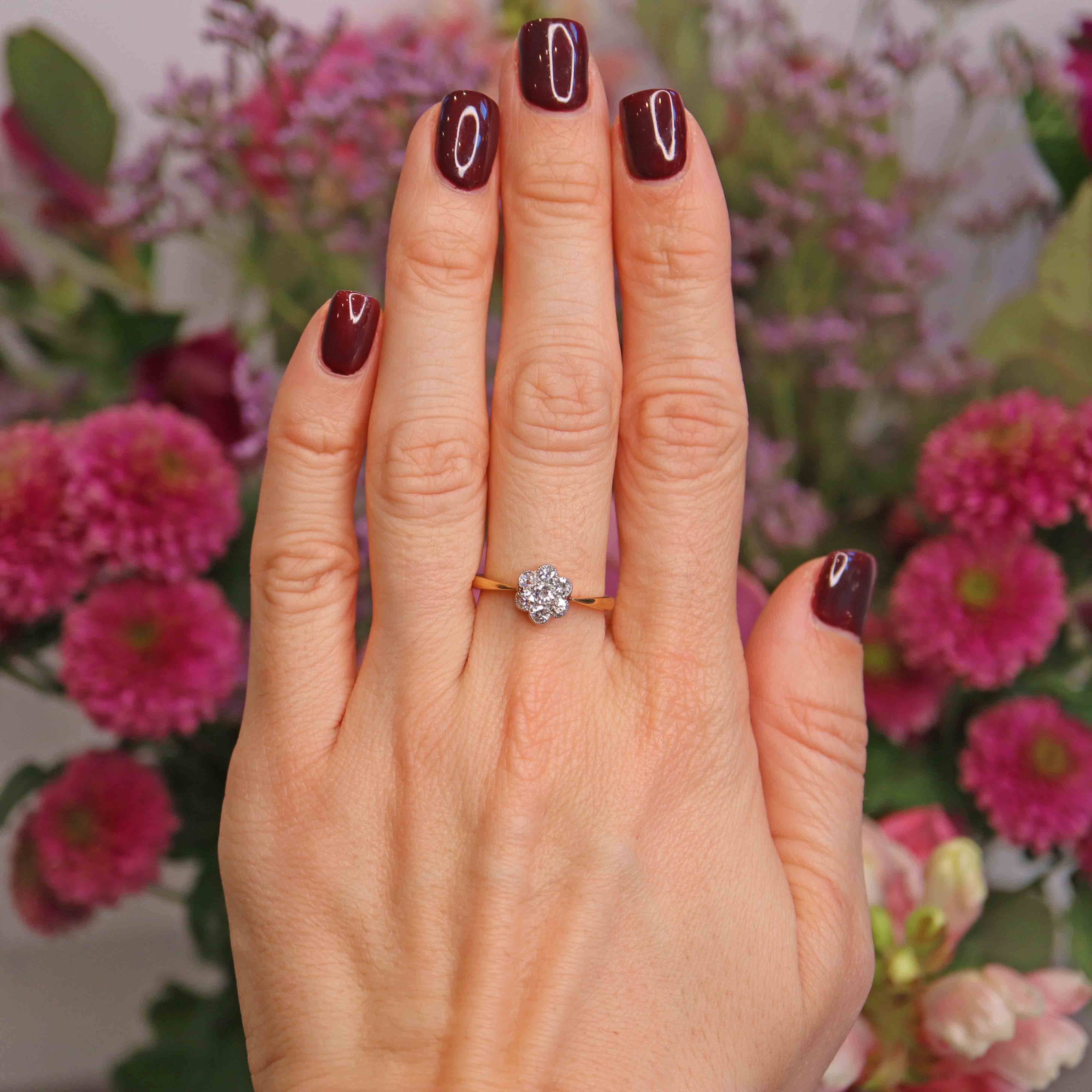 Ellibelle Jewellery Art Deco 18ct Gold & Platinum Seven-Stone Diamond Daisy Cluster Ring