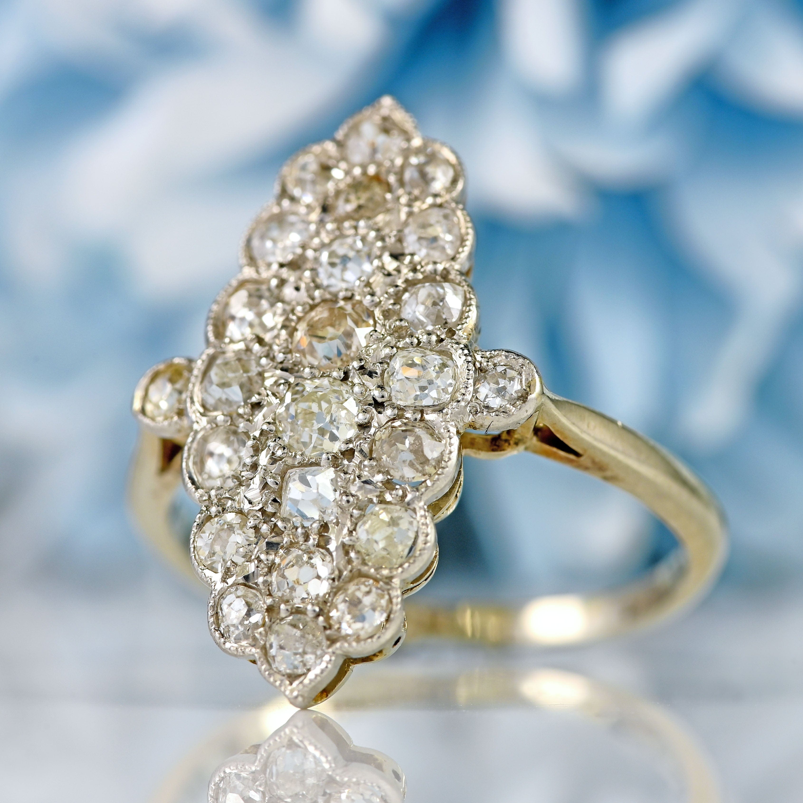Ellibelle Jewellery Art Deco 18ct White Gold & Platinum Old-Cut Diamond Marquise Cluster Ring (1.20cts)