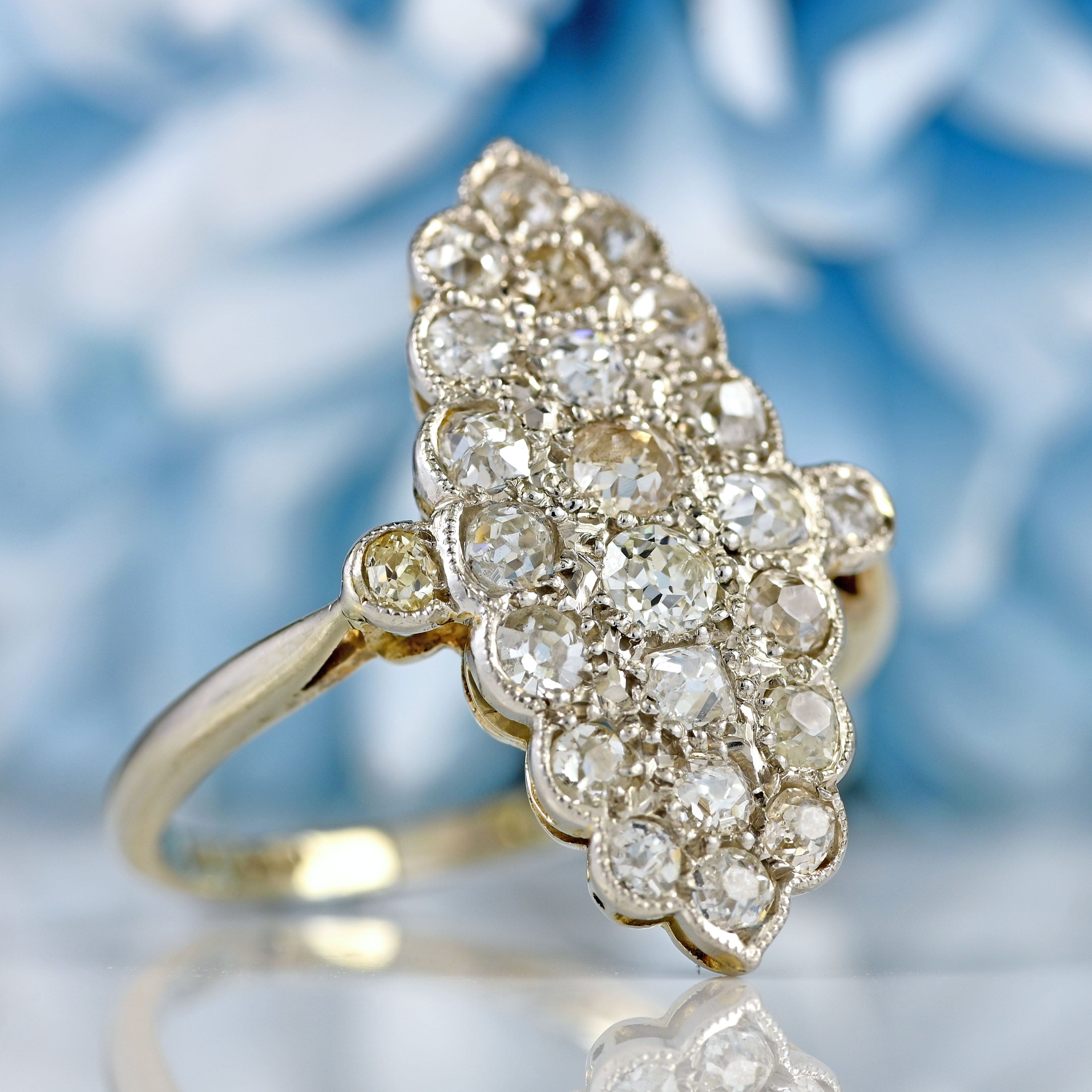 Ellibelle Jewellery Art Deco 18ct White Gold & Platinum Old-Cut Diamond Marquise Cluster Ring (1.20cts)