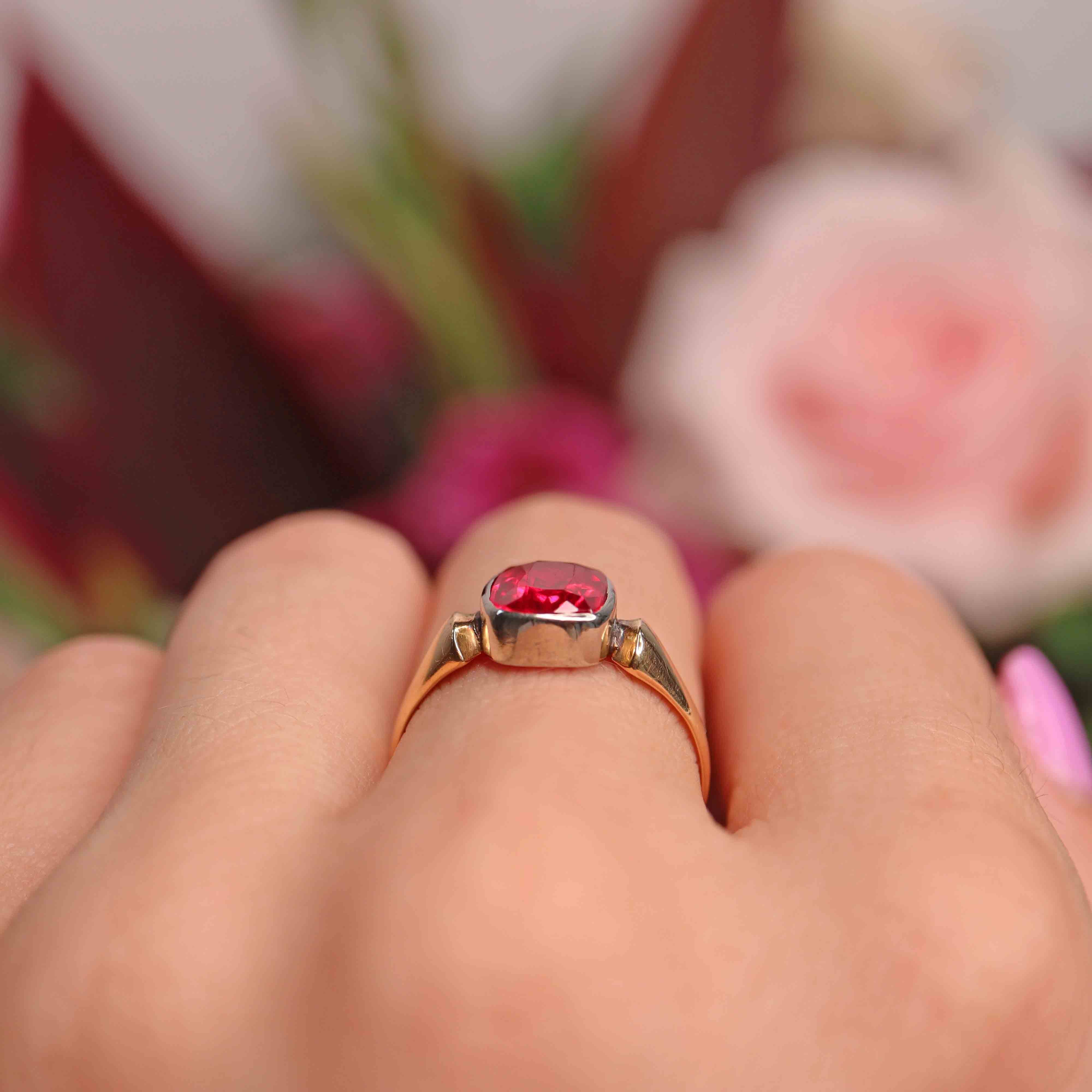 Ellibelle Jewellery Art Deco 1920s Synthetic Ruby 18ct Gold Ring