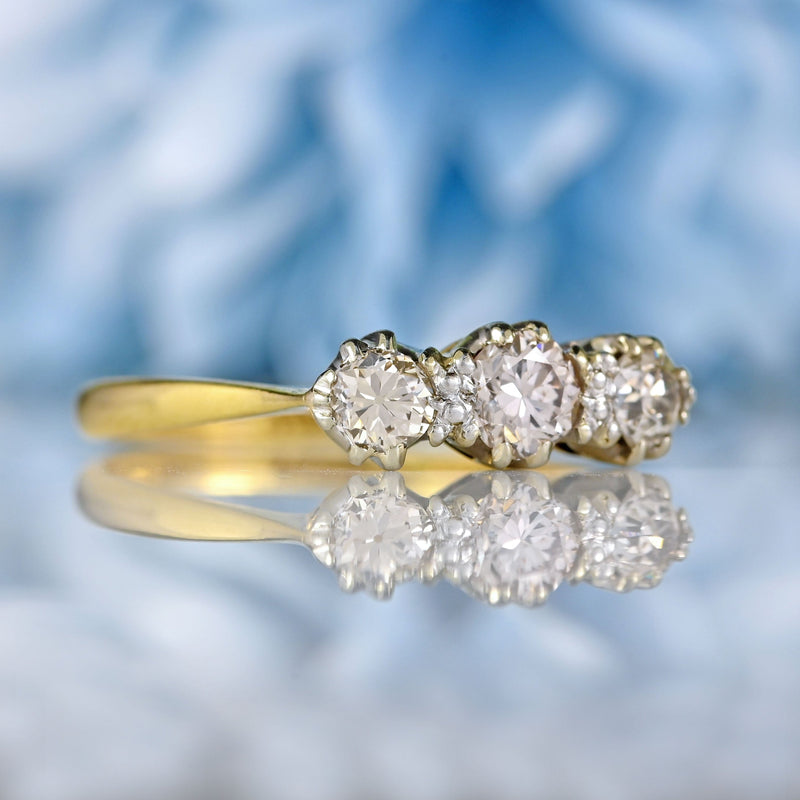 Ellibelle Jewellery Art Deco 1930s Diamond 18ct Gold Platinum Three-Stone Engagement Ring