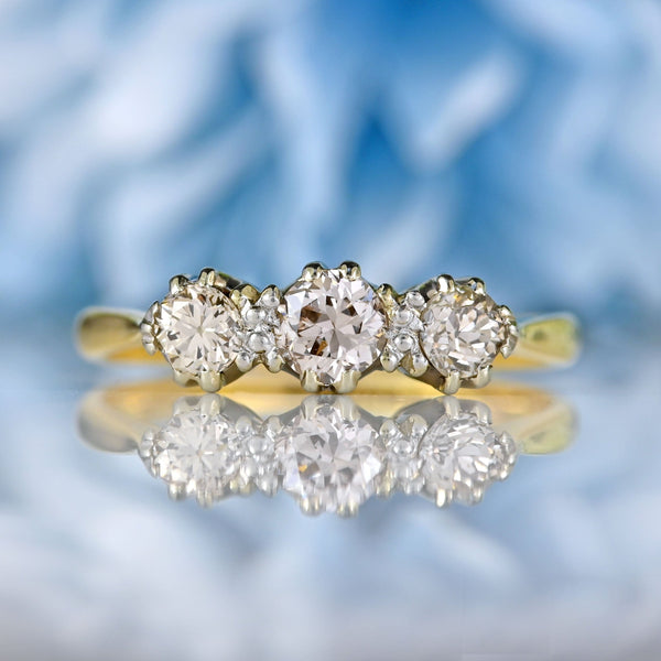 Ellibelle Jewellery Art Deco 1930s Diamond 18ct Gold Platinum Three-Stone Engagement Ring