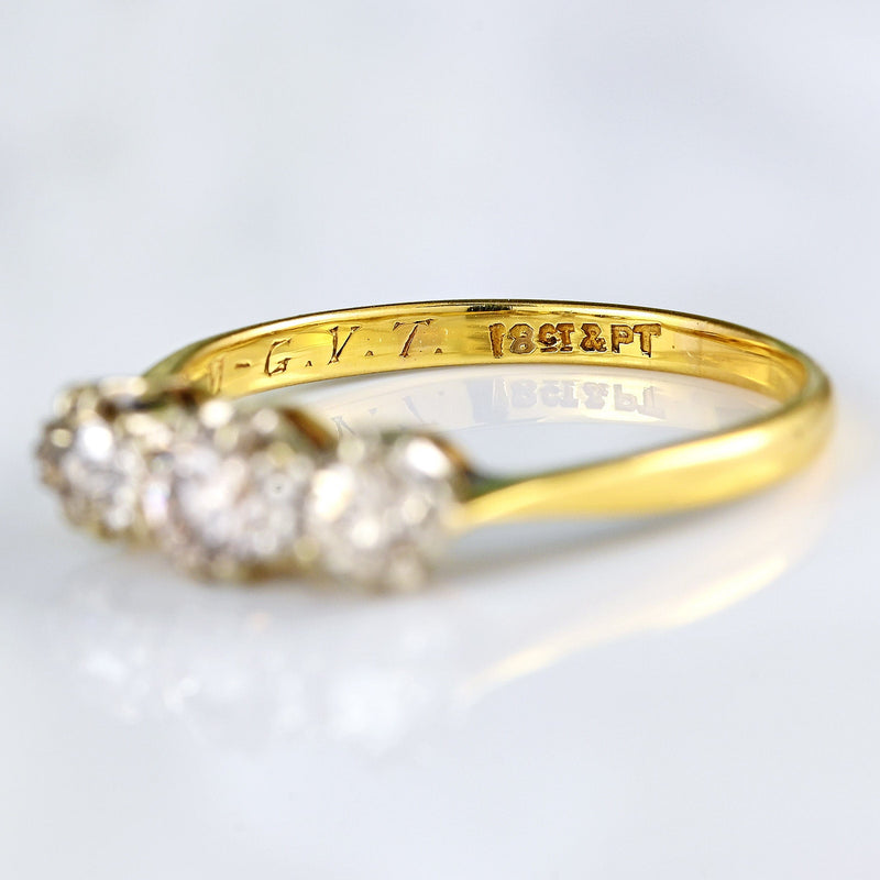 Ellibelle Jewellery Art Deco 1930s Diamond 18ct Gold Platinum Three-Stone Engagement Ring
