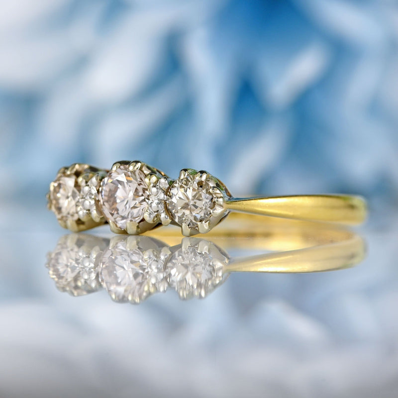 Ellibelle Jewellery Art Deco 1930s Diamond 18ct Gold Platinum Three-Stone Engagement Ring