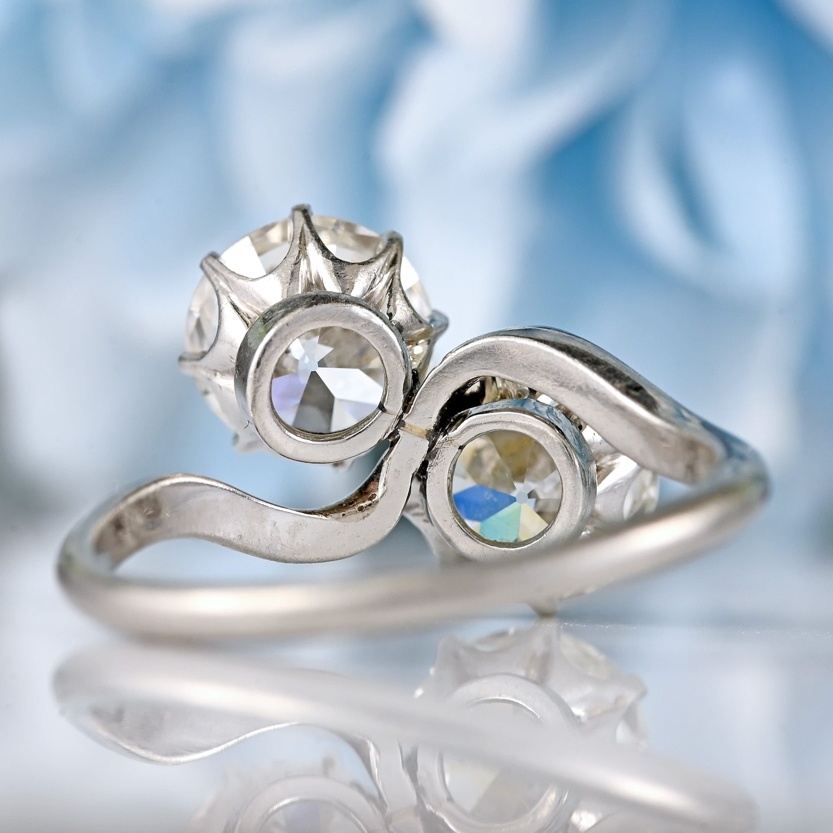 Ellibelle Jewellery Art Deco 2.50 Carat Diamond & Platinum Two-Stone Crossover Engagement Ring