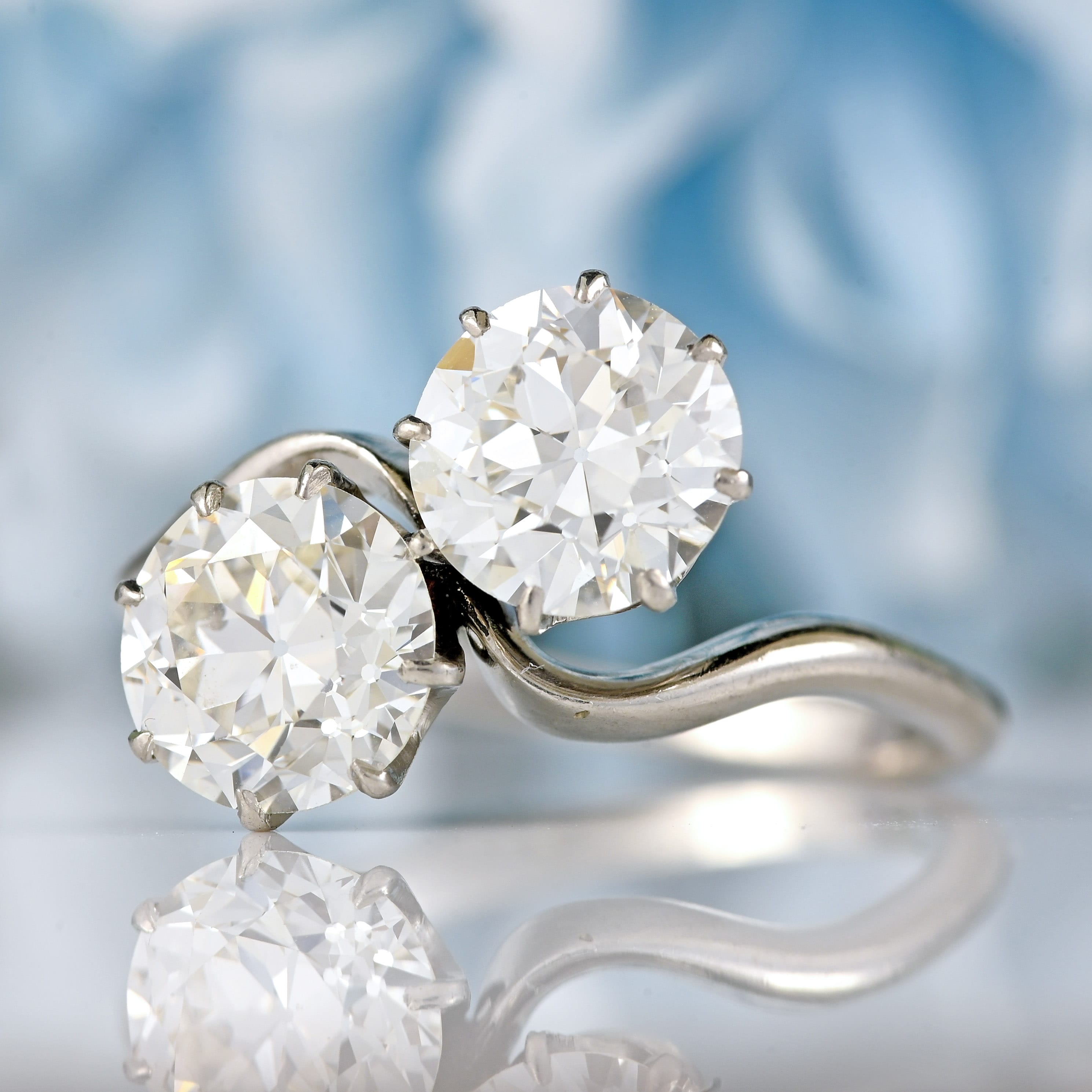 Ellibelle Jewellery Art Deco 2.50 Carat Diamond & Platinum Two-Stone Crossover Engagement Ring