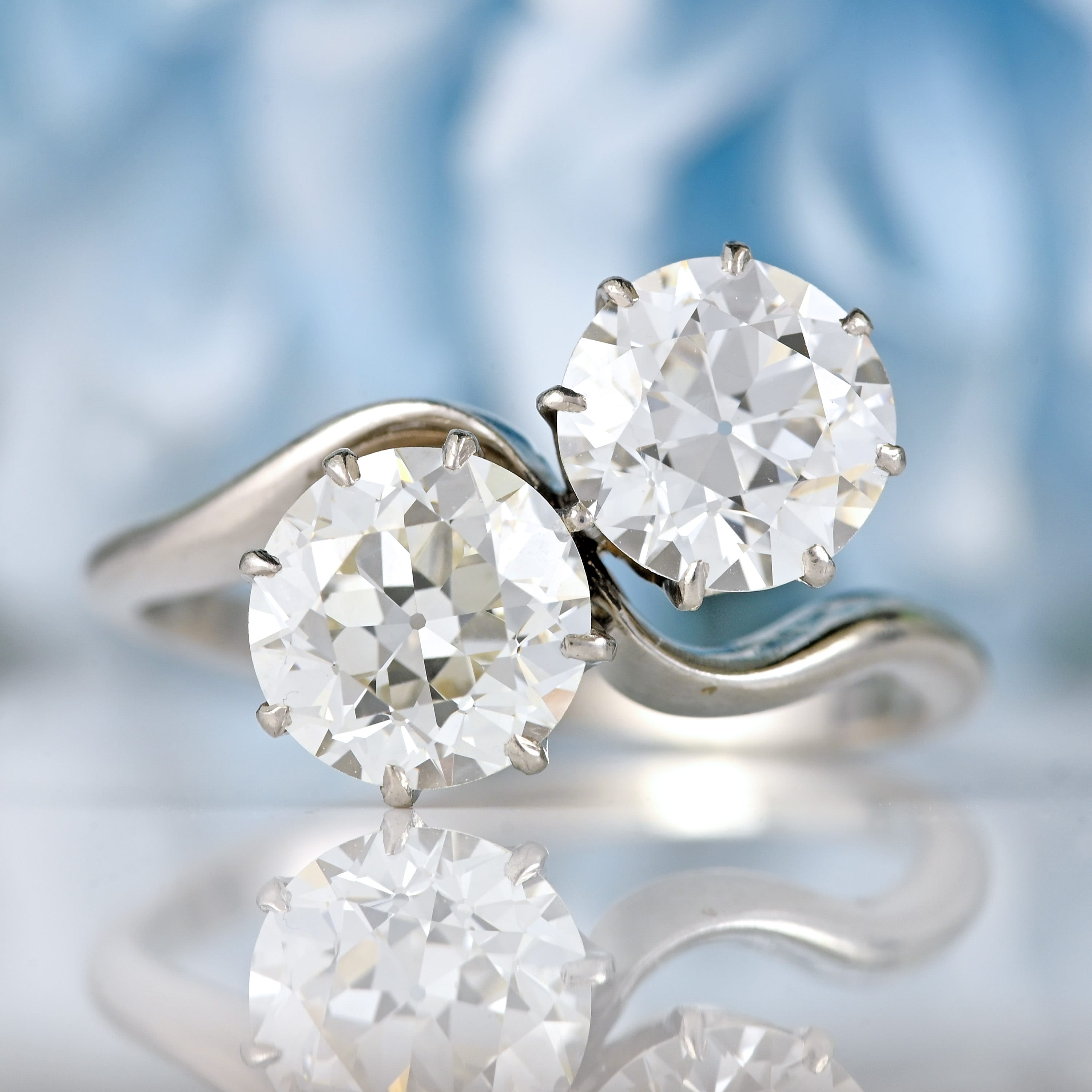 Ellibelle Jewellery Art Deco 2.50 Carat Diamond & Platinum Two-Stone Crossover Engagement Ring