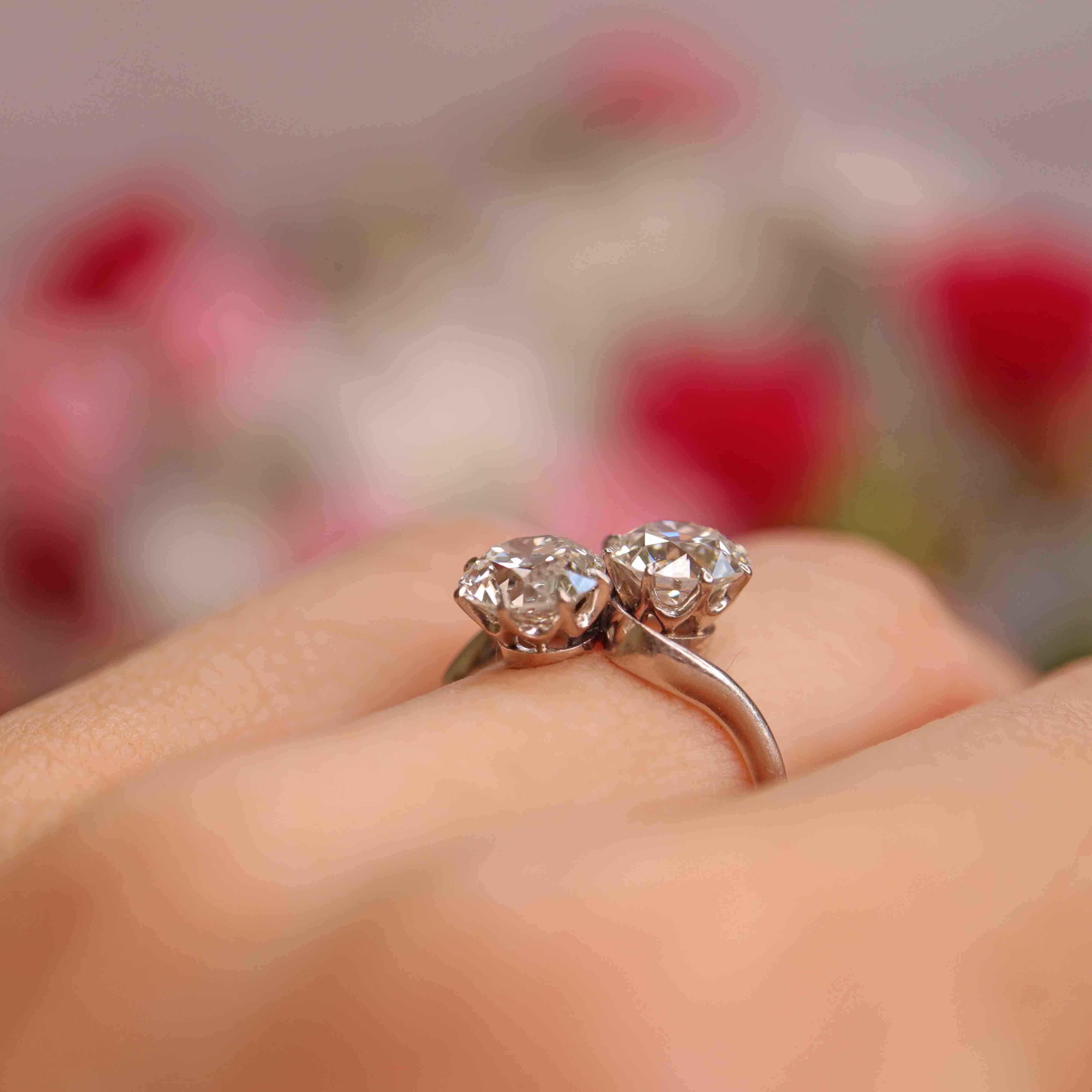 Ellibelle Jewellery Art Deco 2.50 Carat Diamond & Platinum Two-Stone Crossover Engagement Ring