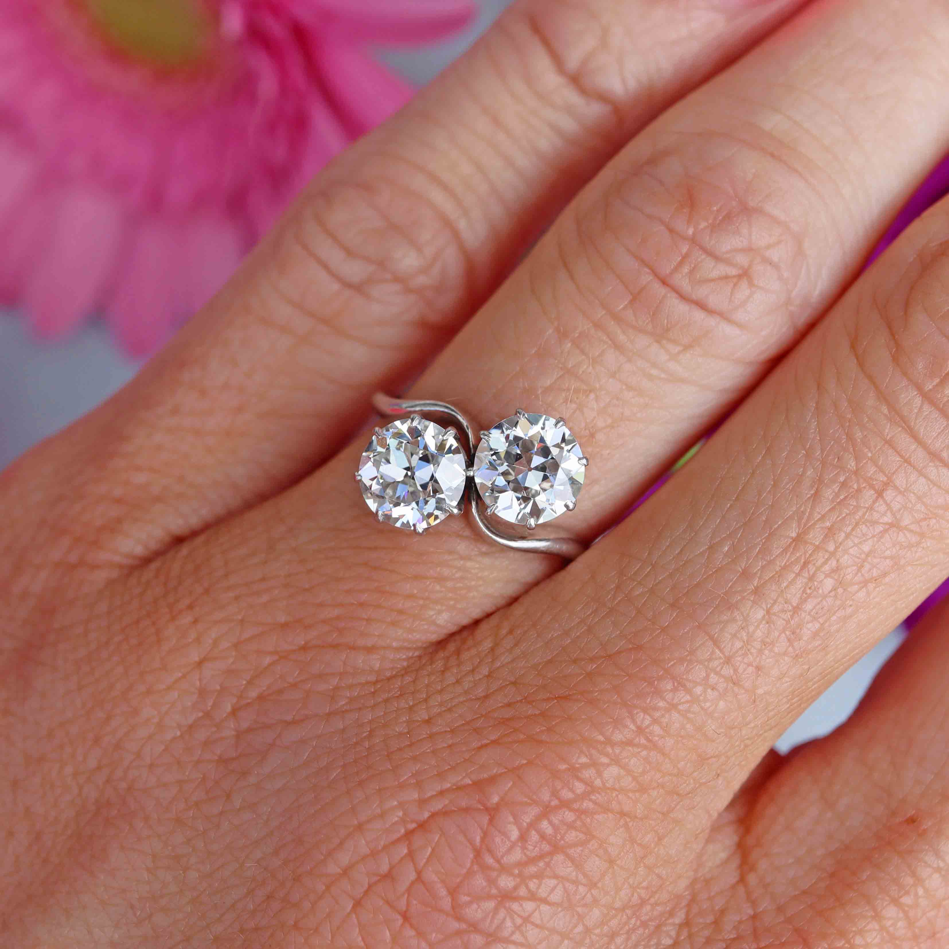 Ellibelle Jewellery Art Deco 2.50 Carat Diamond & Platinum Two-Stone Crossover Engagement Ring