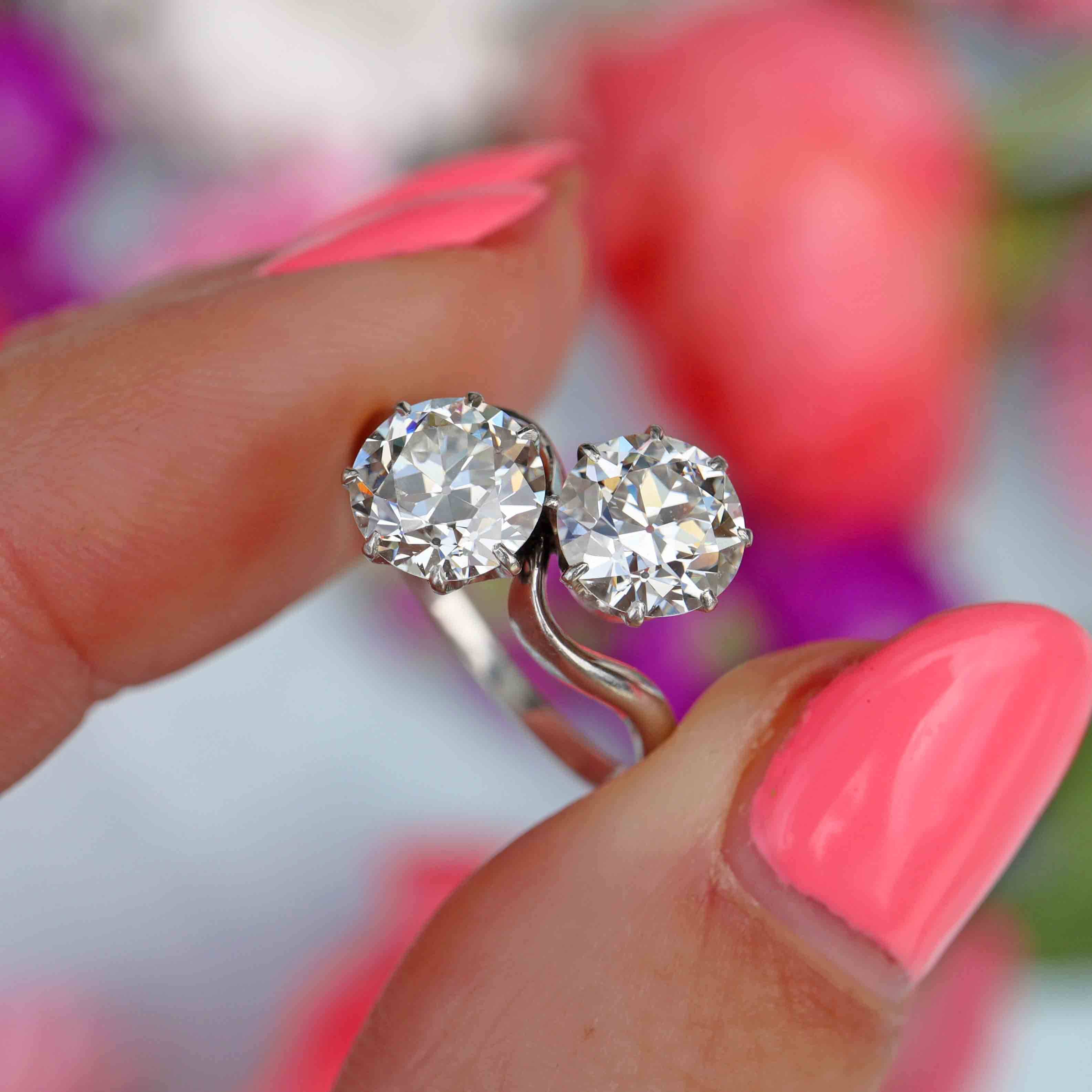Ellibelle Jewellery Art Deco 2.50 Carat Diamond & Platinum Two-Stone Crossover Engagement Ring