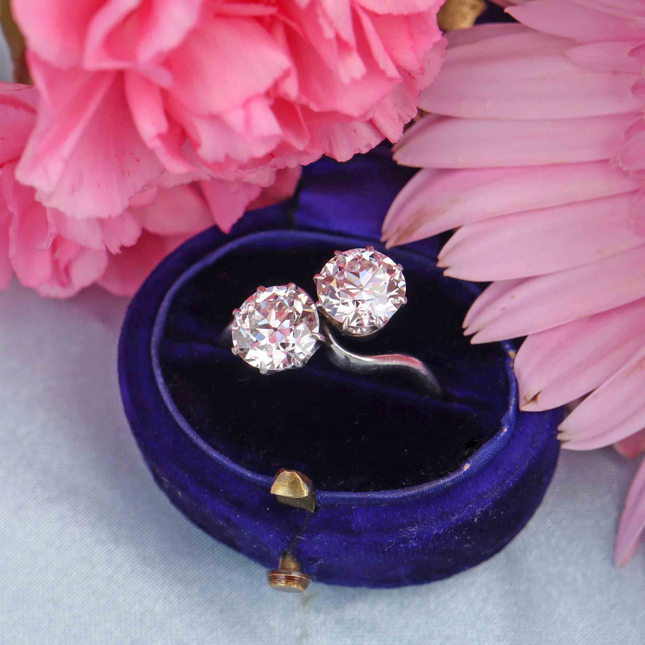 Ellibelle Jewellery Art Deco 2.50 Carat Diamond & Platinum Two-Stone Crossover Engagement Ring