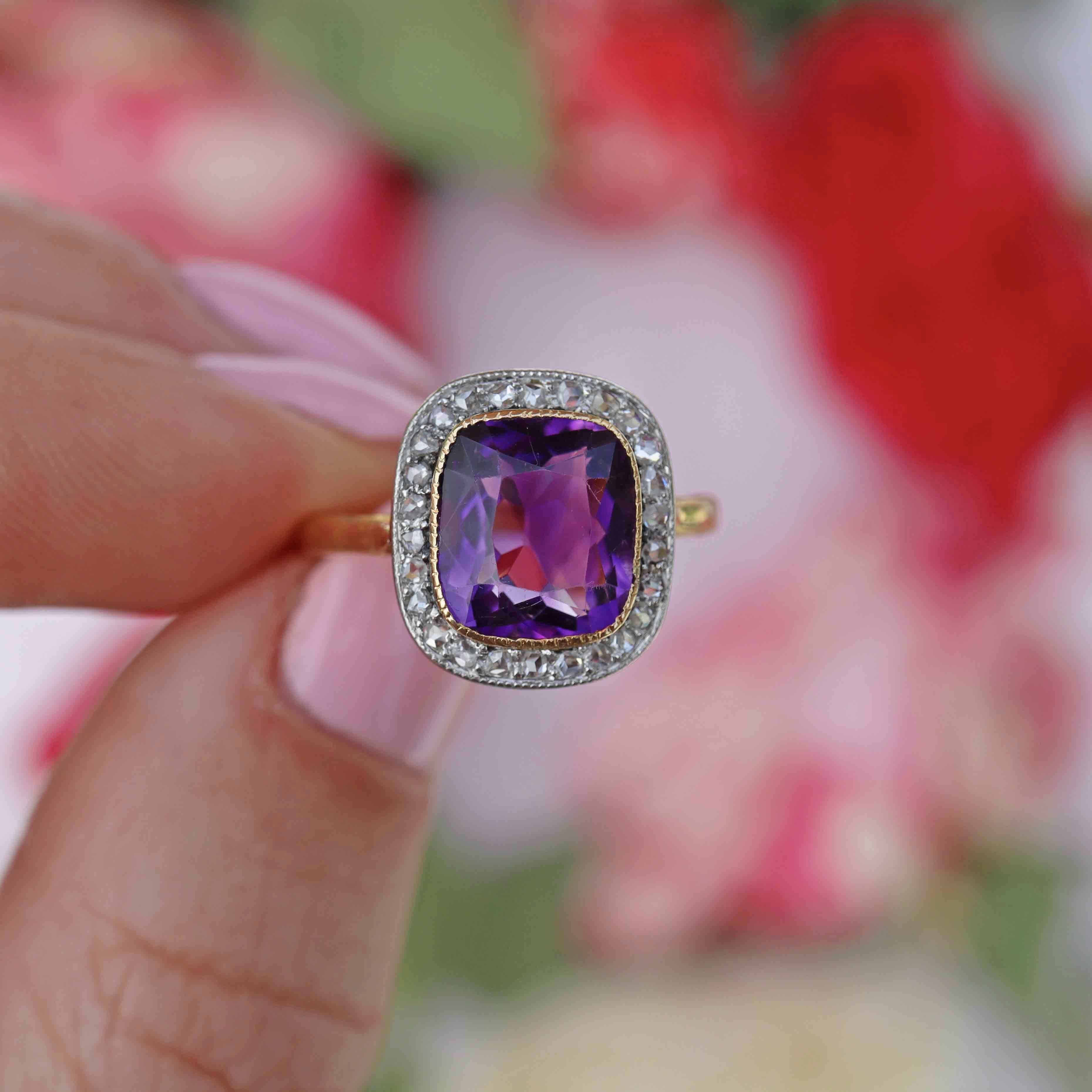 Ellibelle Jewellery Art Deco Amethyst & Rose-Cut Diamond 18ct Gold Cushion-Shaped Cluster Ring