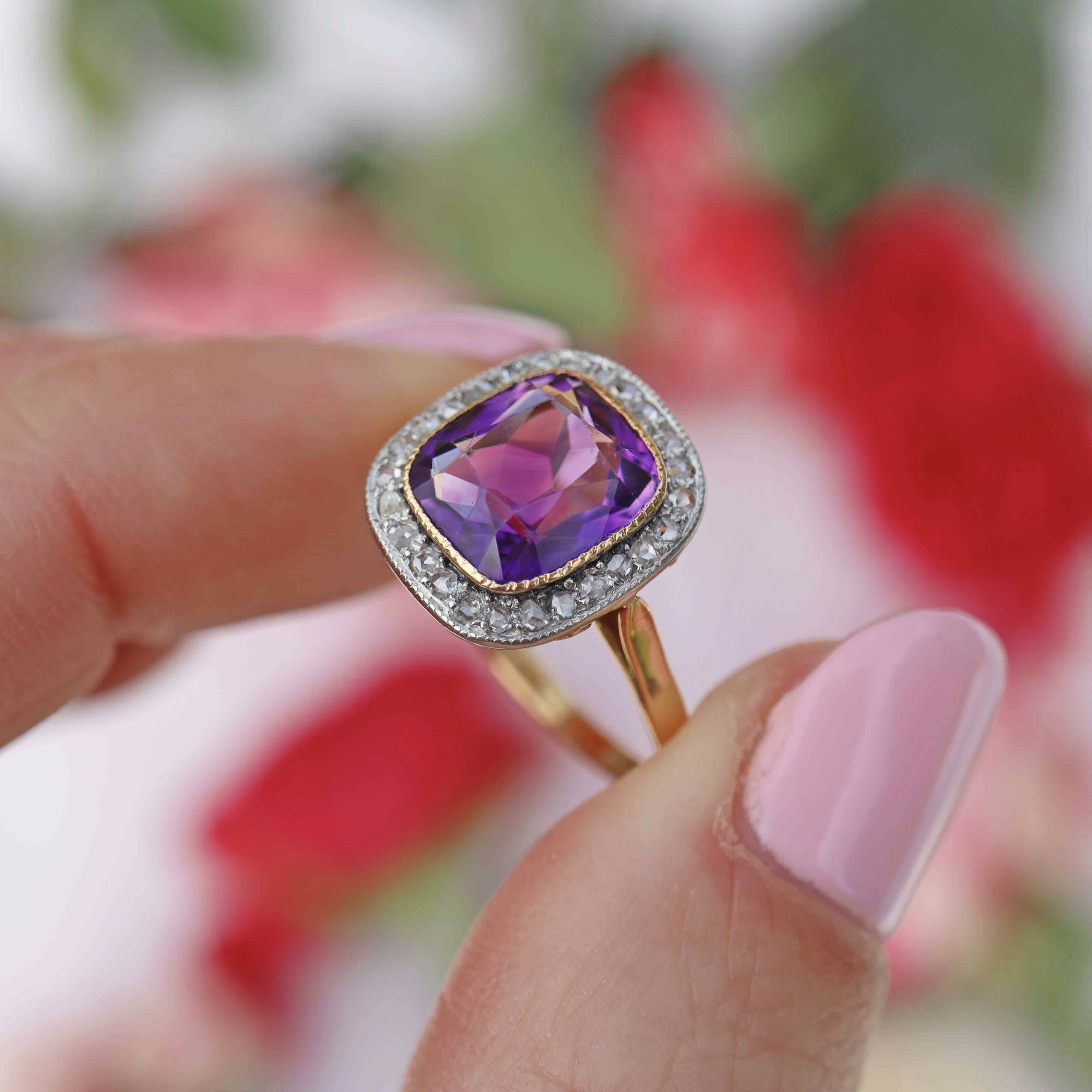 Ellibelle Jewellery Art Deco Amethyst & Rose-Cut Diamond 18ct Gold Cushion-Shaped Cluster Ring