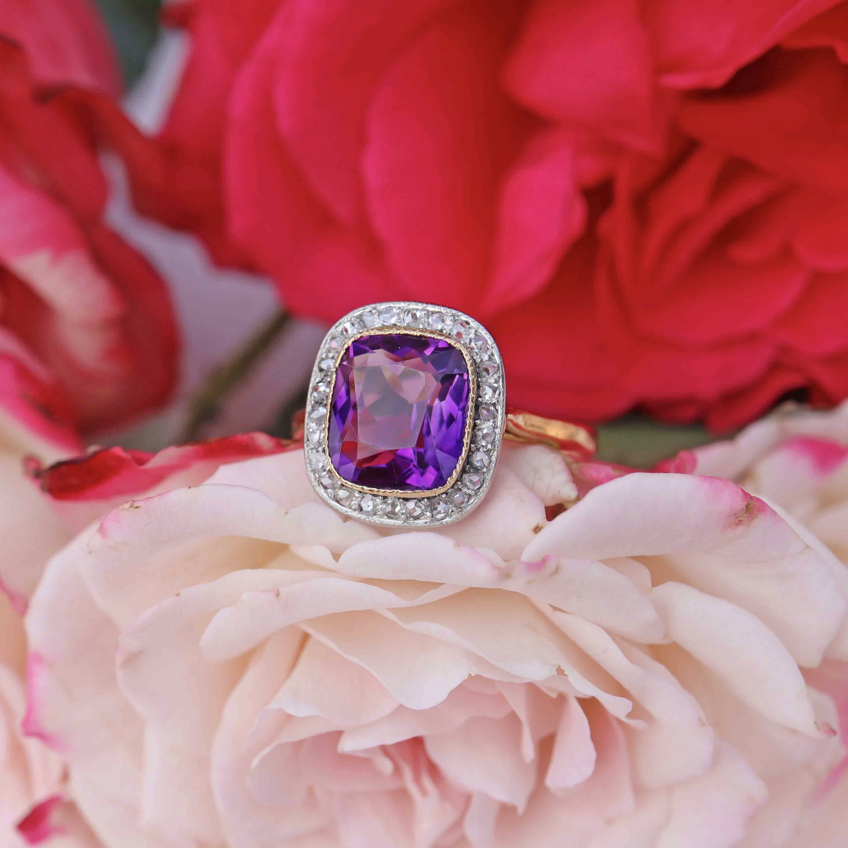 Ellibelle Jewellery Art Deco Amethyst & Rose-Cut Diamond 18ct Gold Cushion-Shaped Cluster Ring