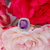 Ellibelle Jewellery Art Deco Amethyst & Rose-Cut Diamond 18ct Gold Cushion-Shaped Cluster Ring