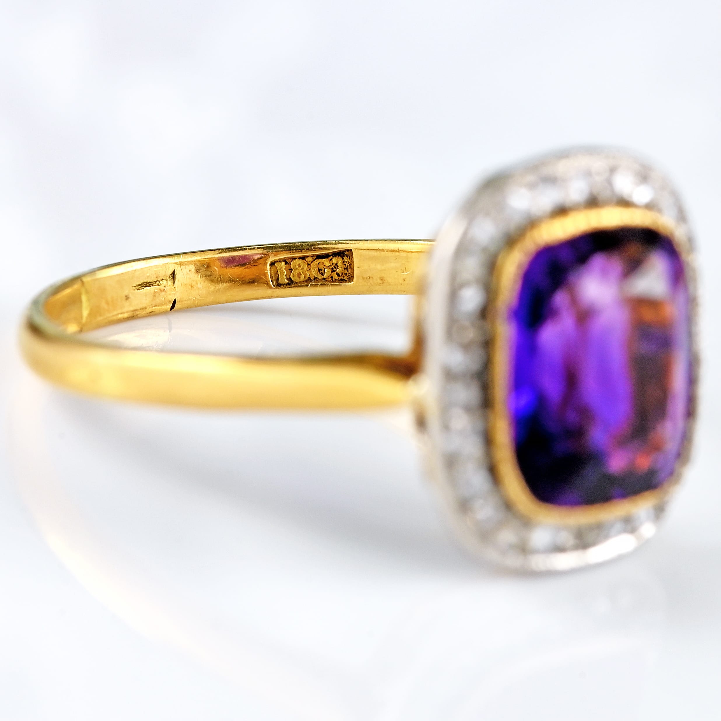 Ellibelle Jewellery Art Deco Amethyst & Rose-Cut Diamond 18ct Gold Cushion-Shaped Cluster Ring
