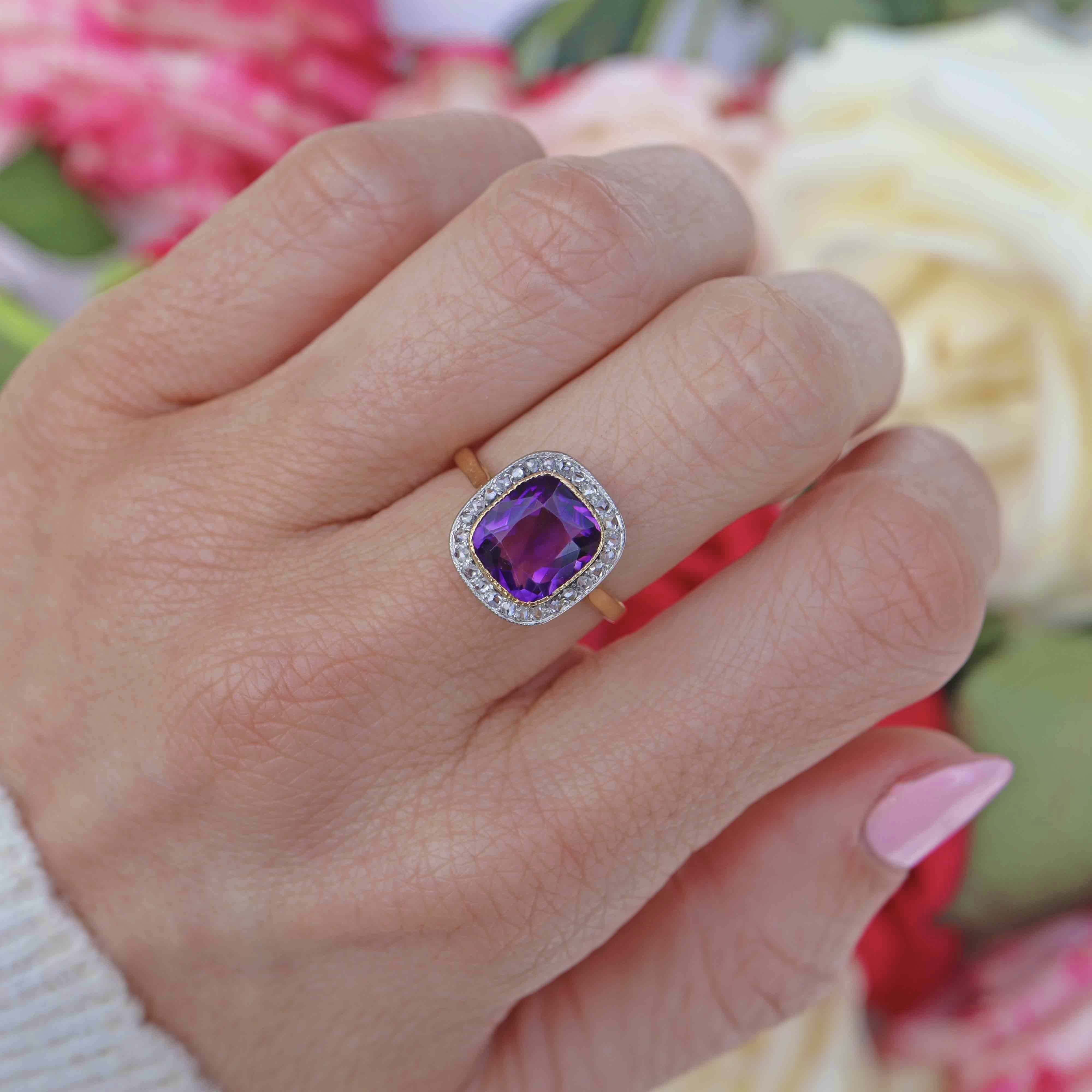 Ellibelle Jewellery Art Deco Amethyst & Rose-Cut Diamond 18ct Gold Cushion-Shaped Cluster Ring