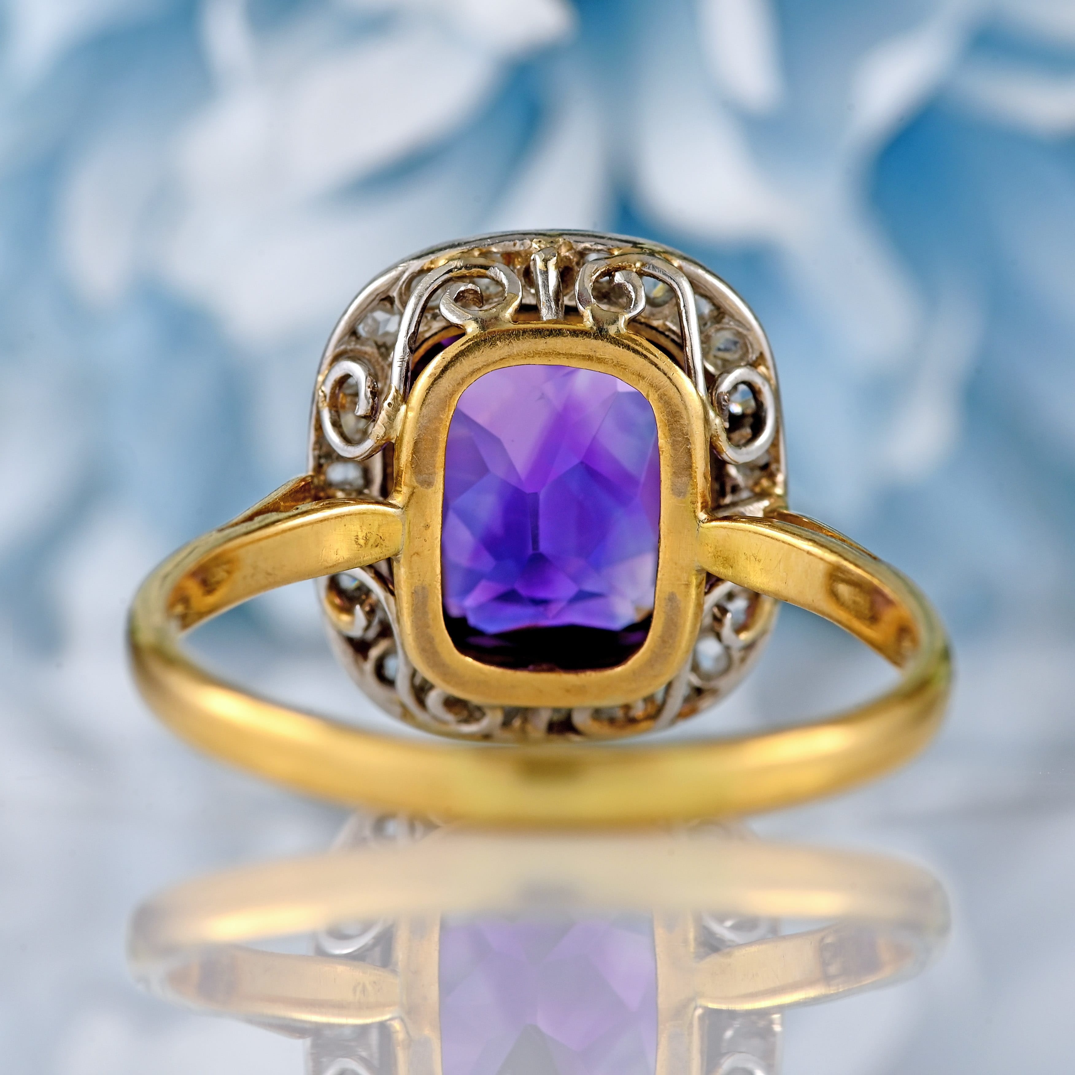 Ellibelle Jewellery Art Deco Amethyst & Rose-Cut Diamond 18ct Gold Cushion-Shaped Cluster Ring