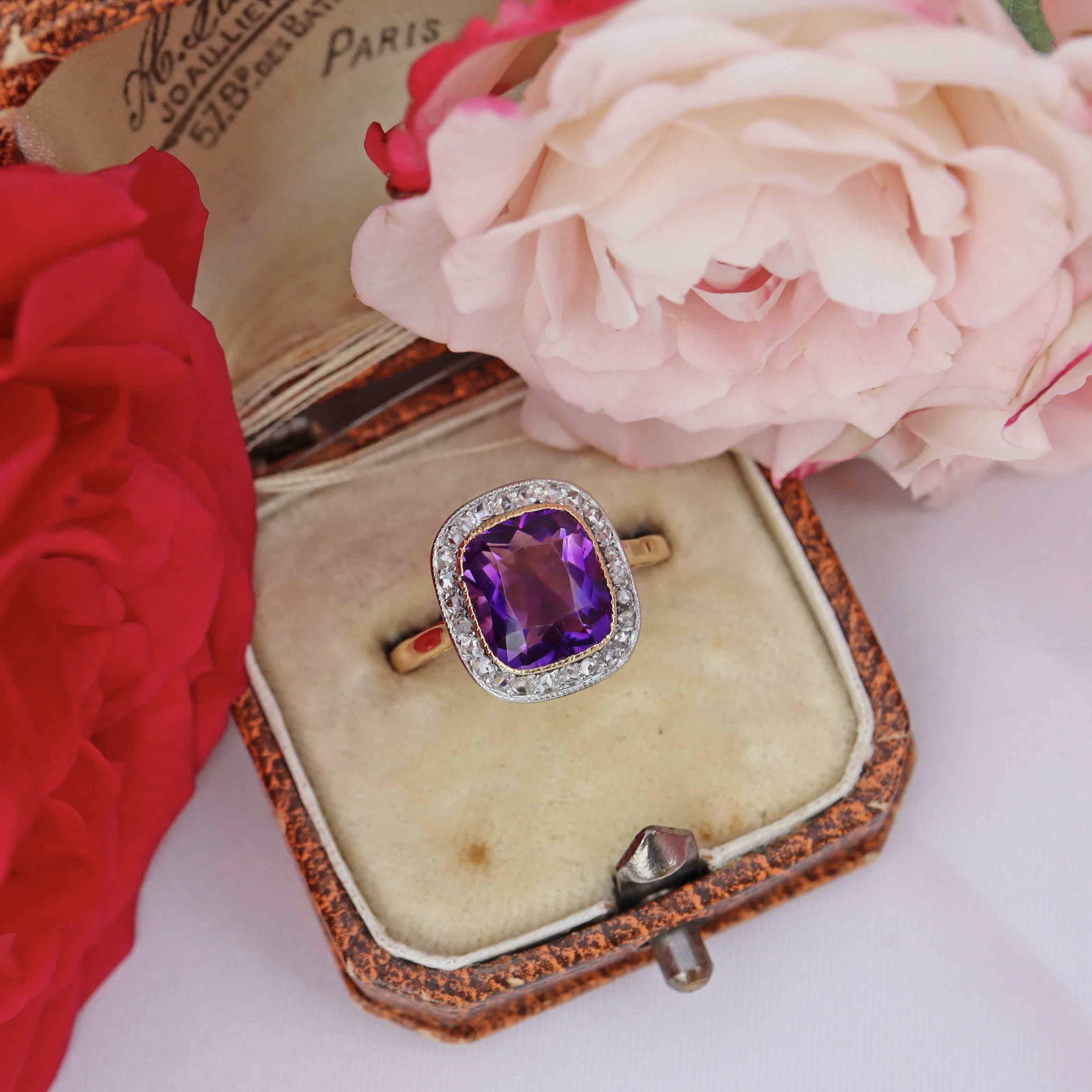 Ellibelle Jewellery Art Deco Amethyst & Rose-Cut Diamond 18ct Gold Cushion-Shaped Cluster Ring
