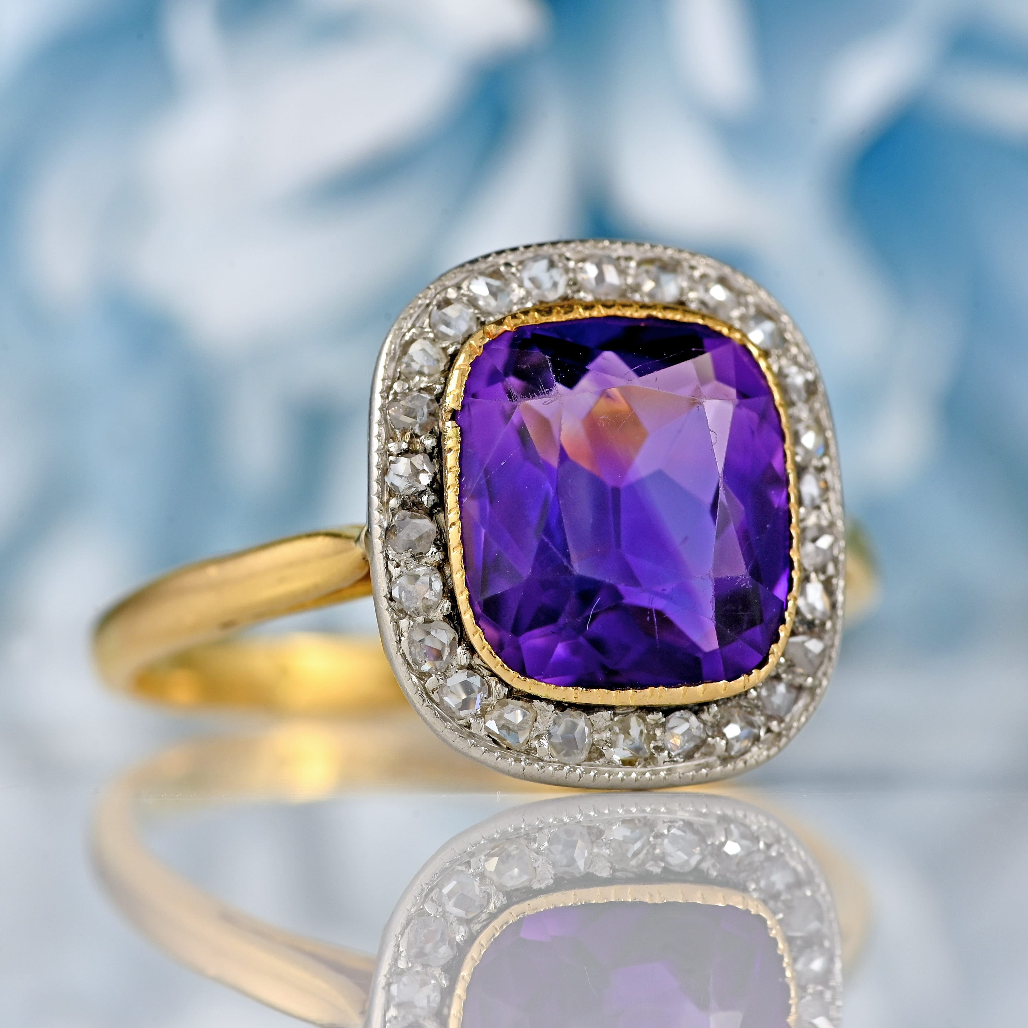 Ellibelle Jewellery Art Deco Amethyst & Rose-Cut Diamond 18ct Gold Cushion-Shaped Cluster Ring