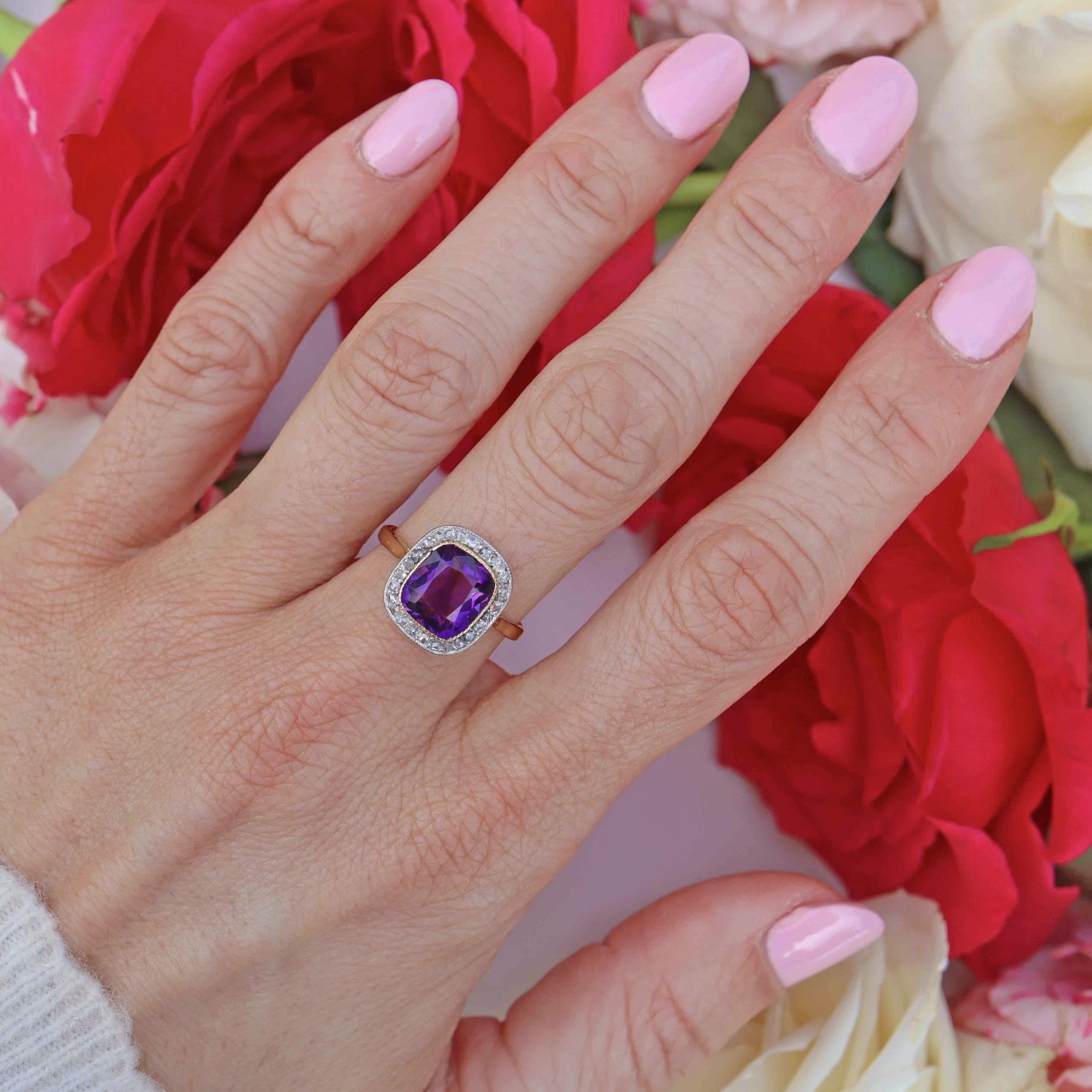 Ellibelle Jewellery Art Deco Amethyst & Rose-Cut Diamond 18ct Gold Cushion-Shaped Cluster Ring