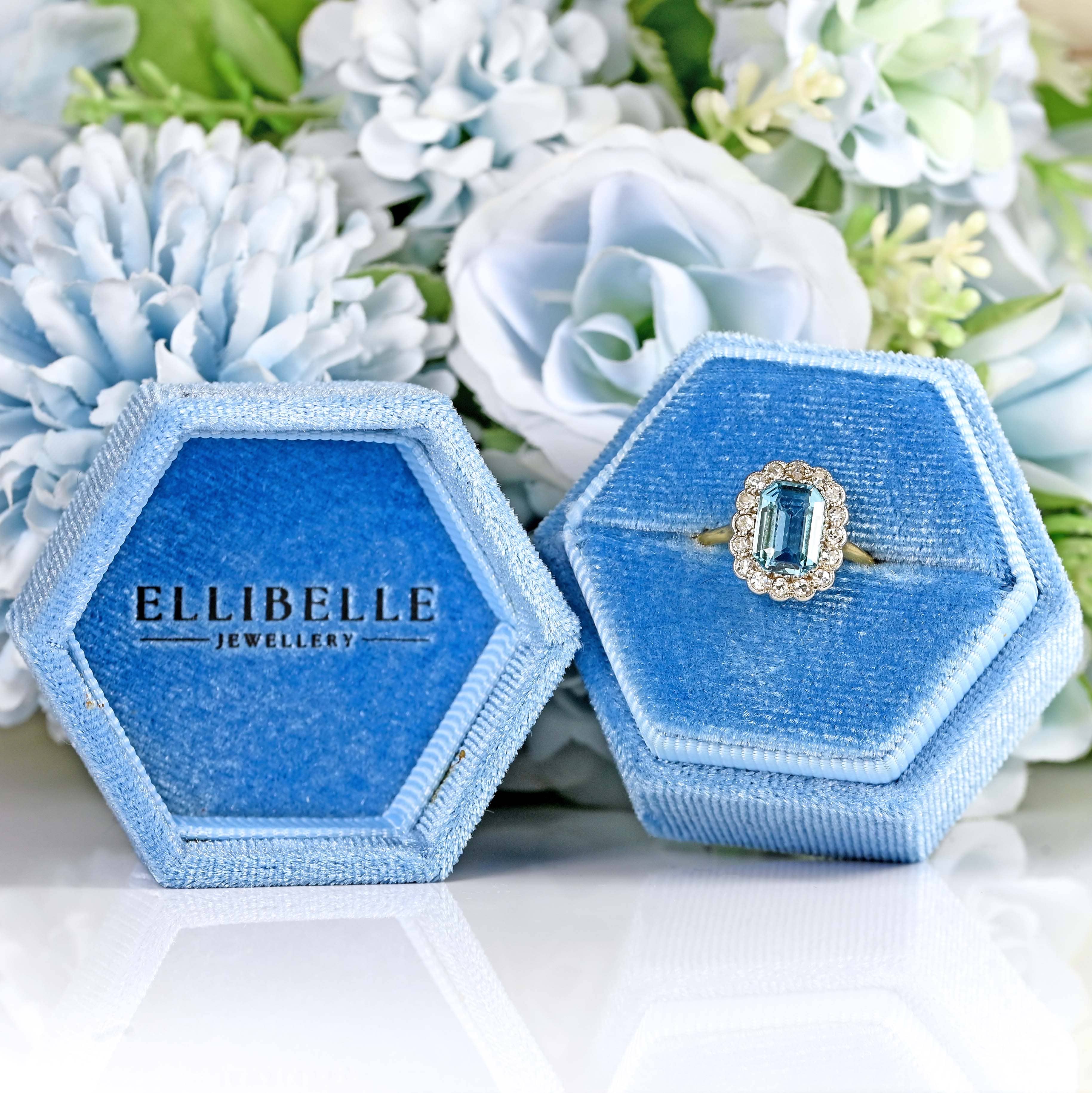 Ellibelle Jewellery Art Deco Aquamarine & Diamond 18ct Gold Platinum Cluster Ring