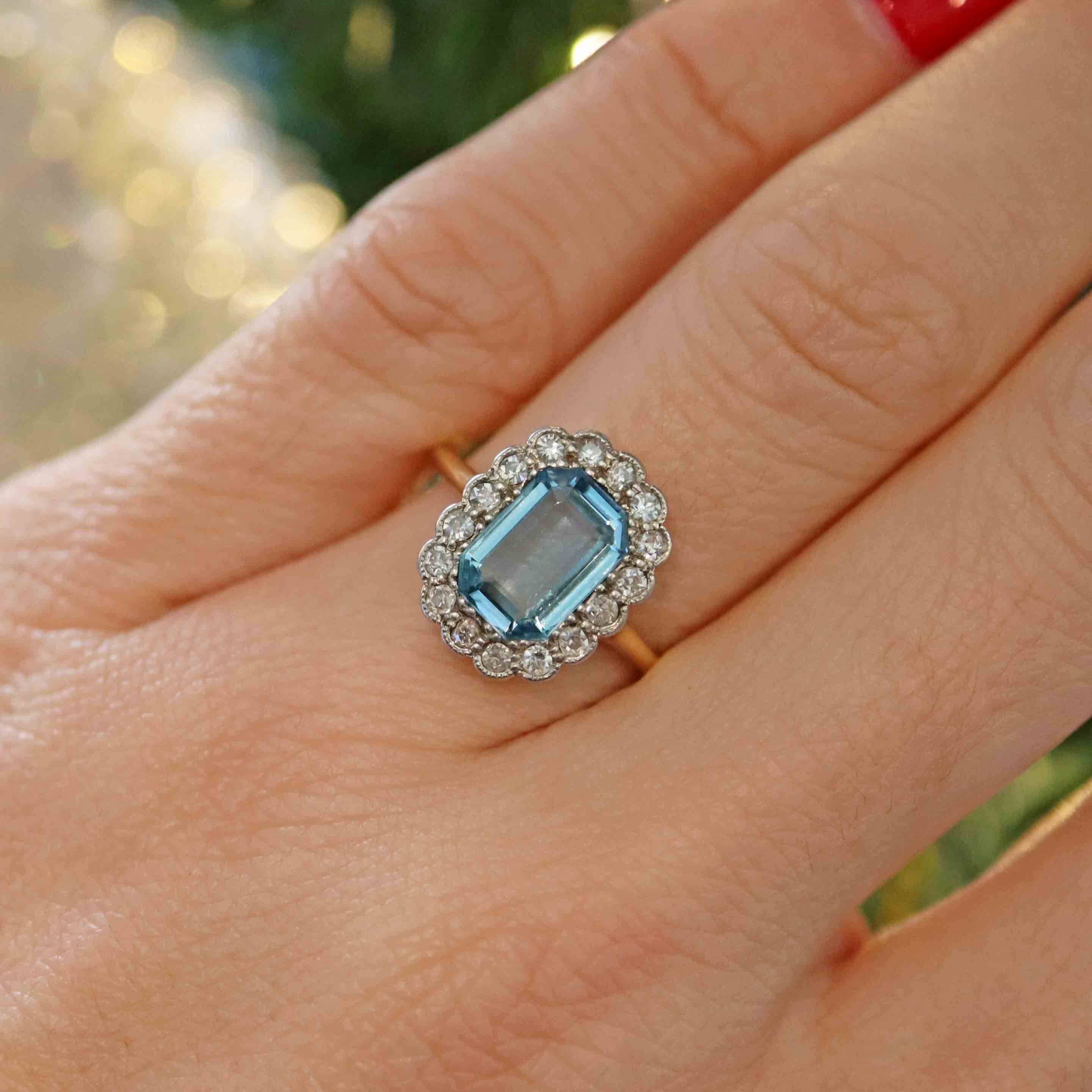 Ellibelle Jewellery Art Deco Aquamarine & Diamond 18ct Gold Platinum Cluster Ring