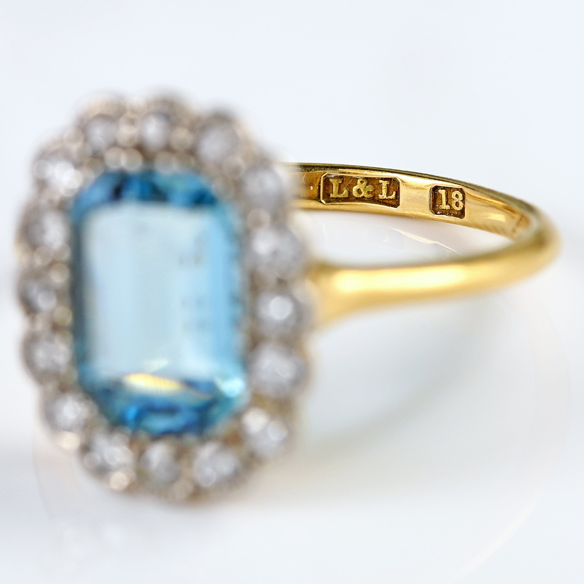 Ellibelle Jewellery Art Deco Aquamarine & Diamond 18ct Gold Platinum Cluster Ring