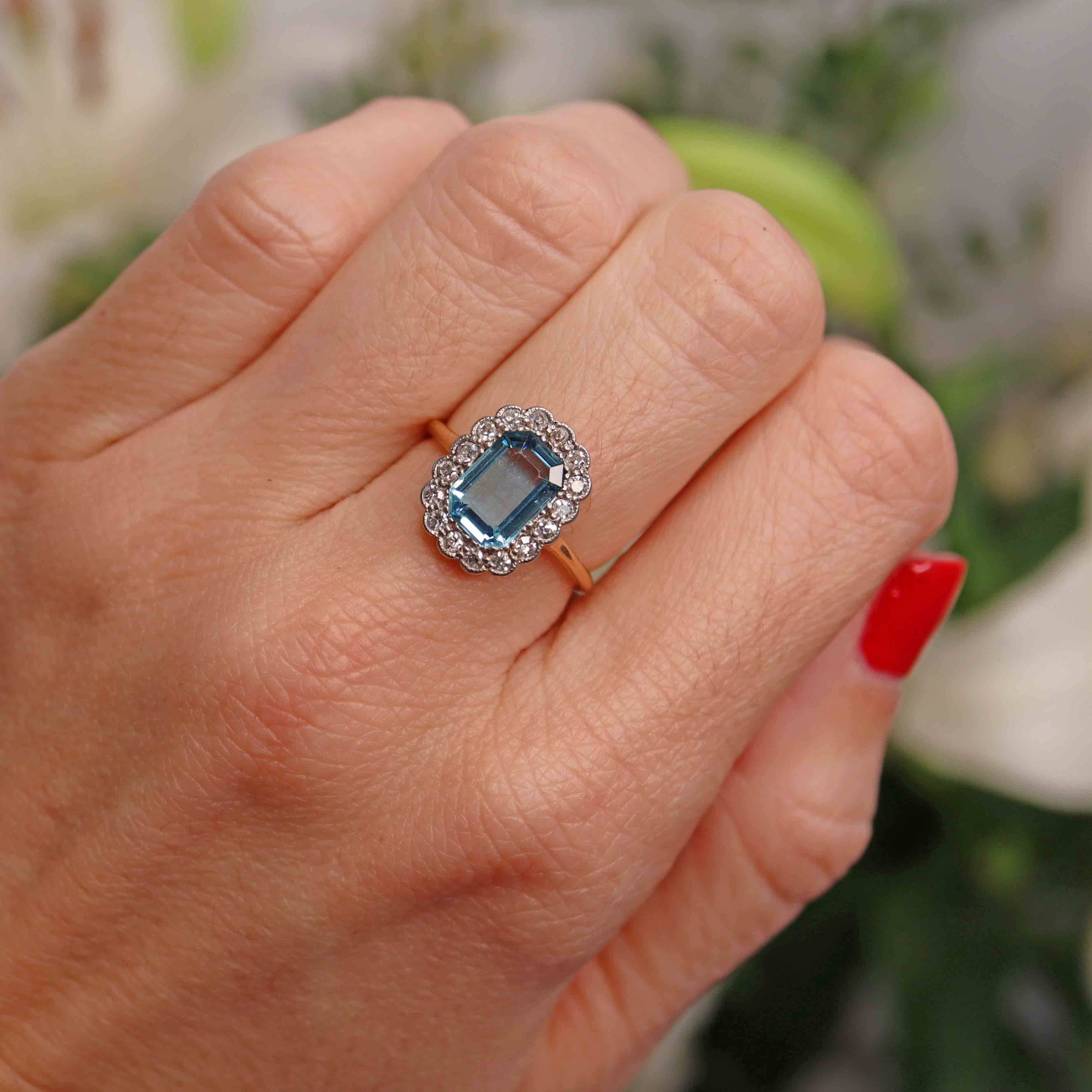 Ellibelle Jewellery Art Deco Aquamarine & Diamond 18ct Gold Platinum Cluster Ring