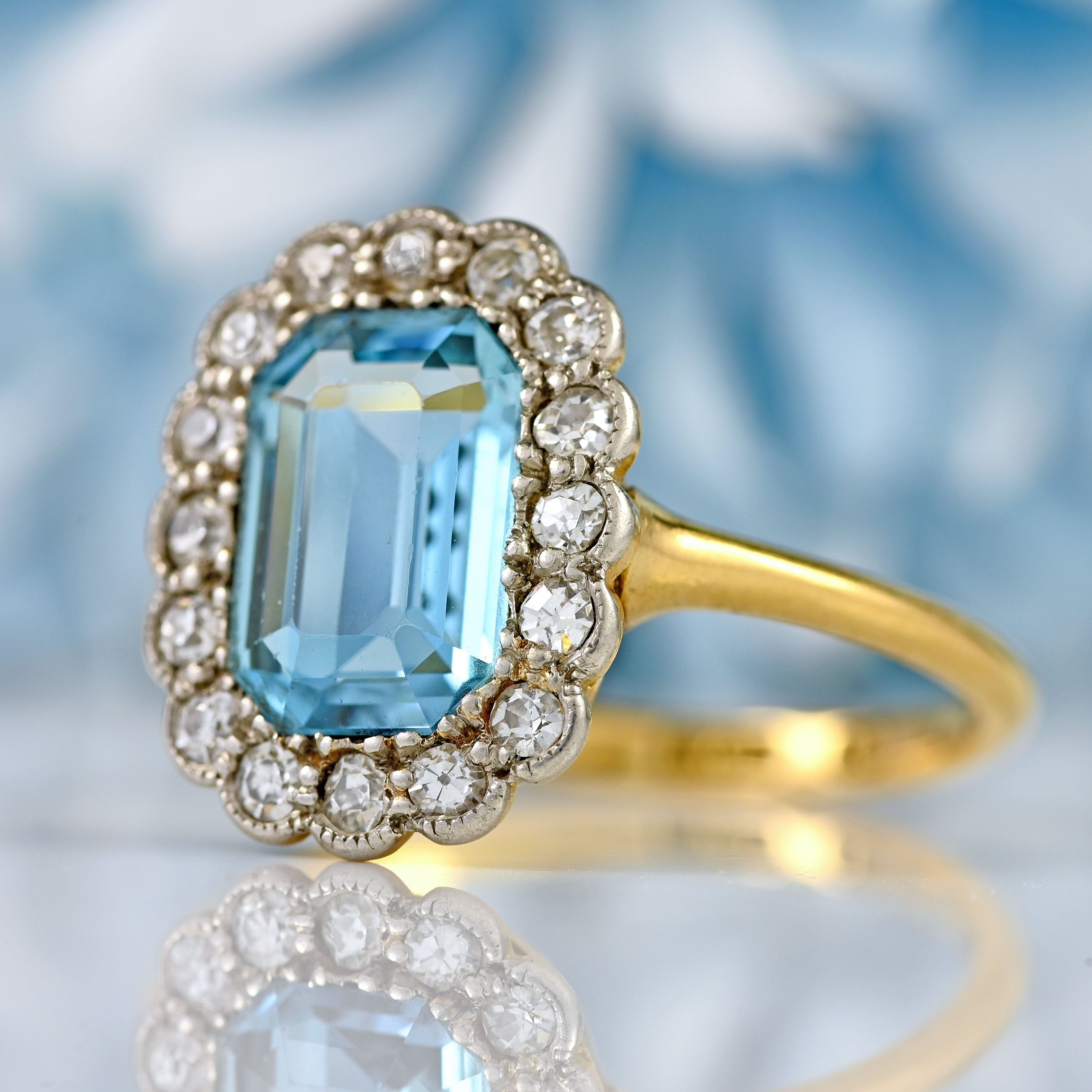 Ellibelle Jewellery Art Deco Aquamarine & Diamond 18ct Gold Platinum Cluster Ring
