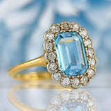 Ellibelle Jewellery Art Deco Aquamarine & Diamond 18ct Gold Platinum Cluster Ring