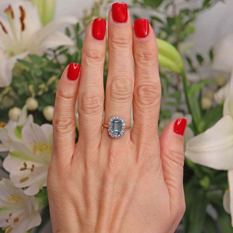 Ellibelle Jewellery Art Deco Aquamarine & Diamond 18ct Gold Platinum Cluster Ring