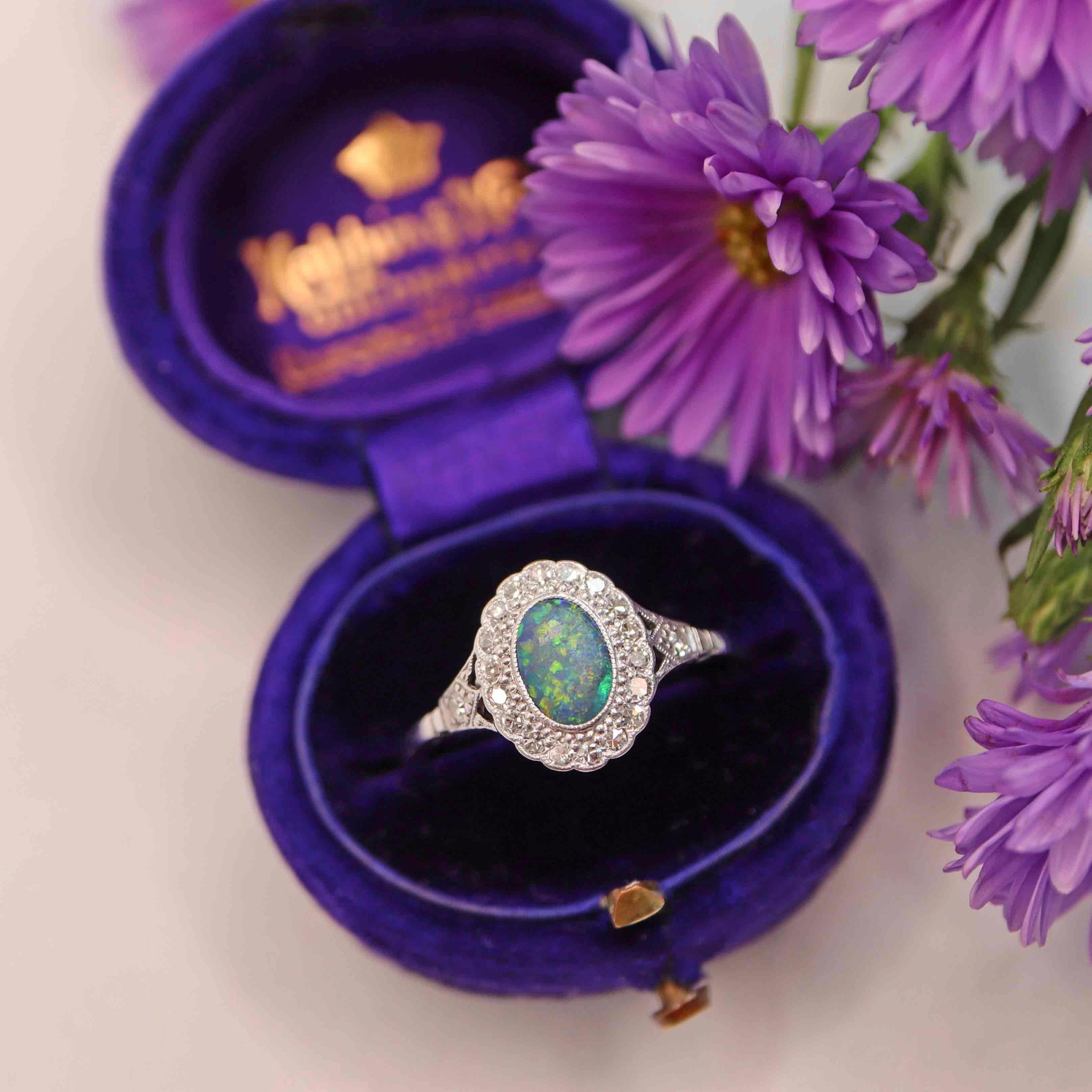 Ellibelle Jewellery Art Deco Black Opal & Diamond Engagement Ring