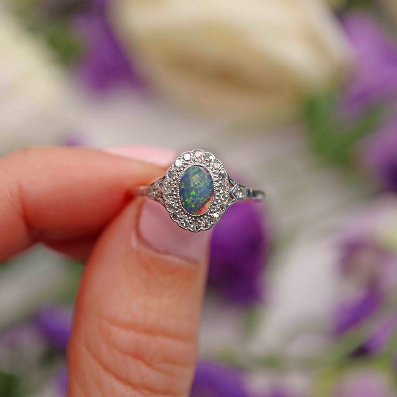 Ellibelle Jewellery Art Deco Black Opal & Diamond Engagement Ring